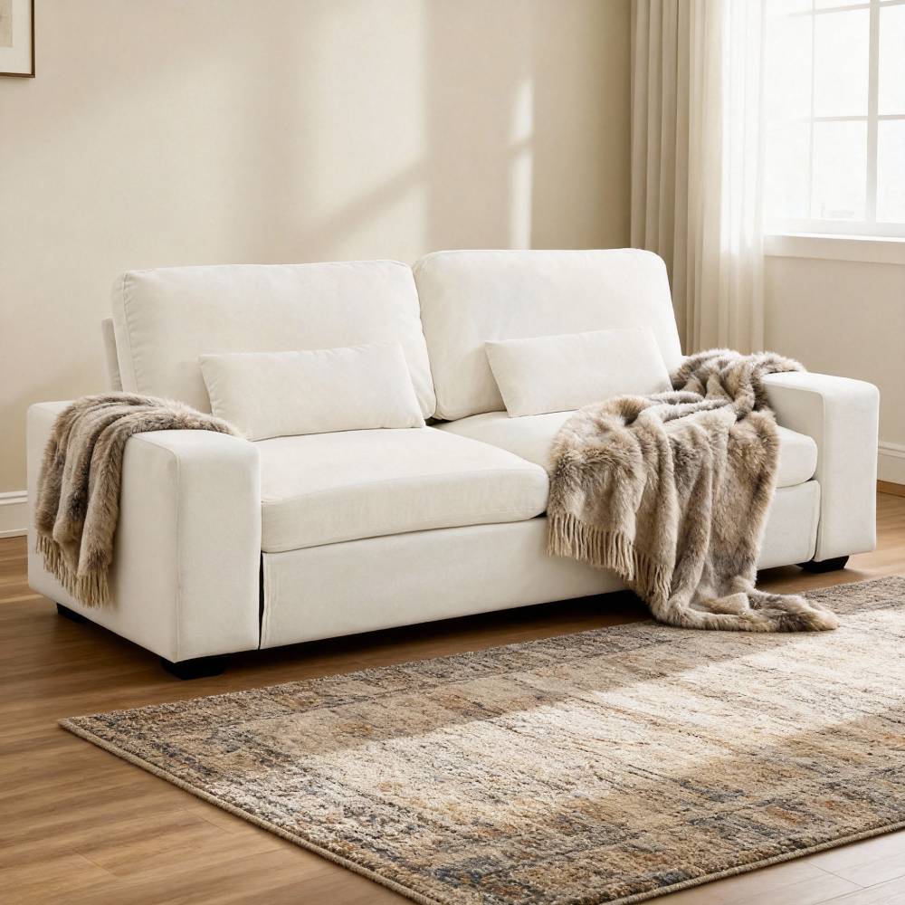 2-seater Chenille Upholstered Sofa With Pillows | Beige