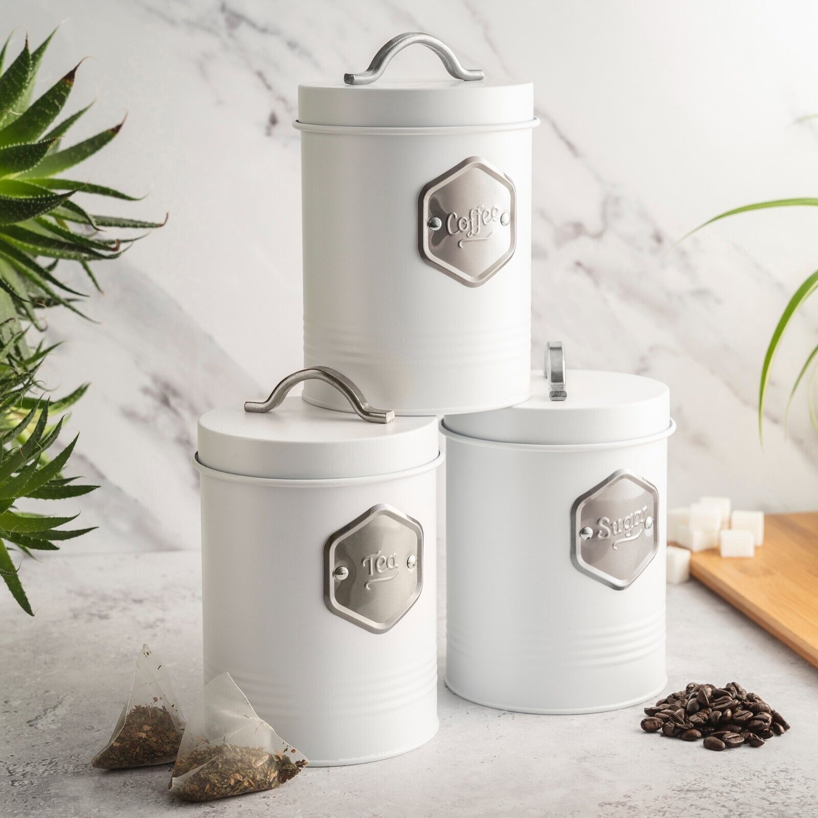 Tea Coffee & Sugar Canisters Bin Jar Storage 3pc White/silver | Silver