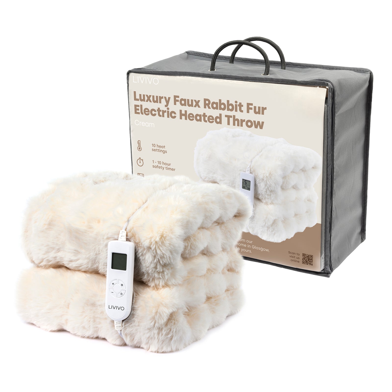 Electric Heated Blanket With Faux Rabbit Fur And Auto Shut Off Cream