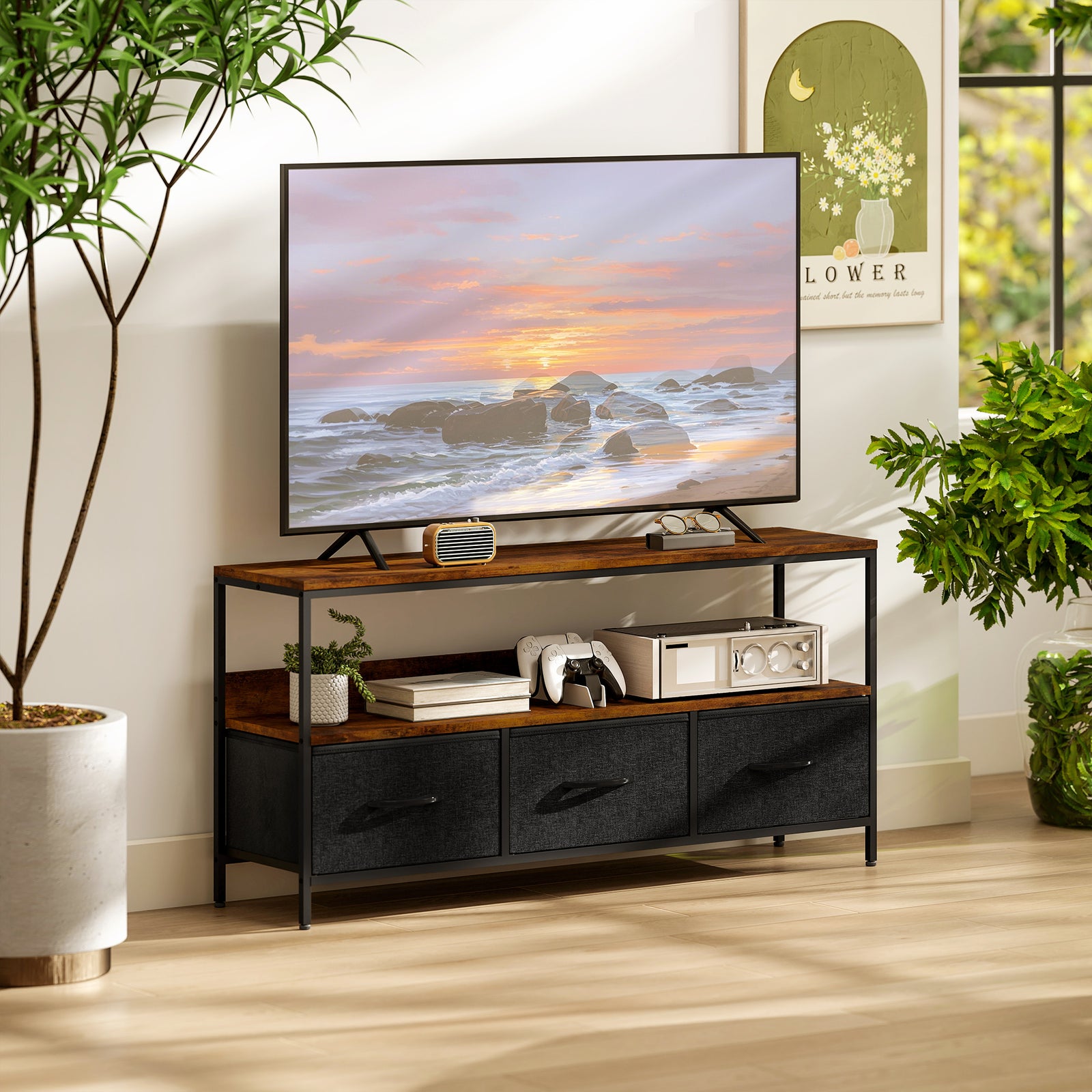 Tv Cabinet, Tv Console Unit With 3 Foldable Linen Drawers | Brown