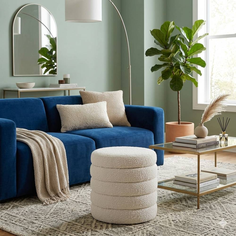 Beige Upholstered Round Storage Ottoman For Bedroom Living Room And Makeup Room