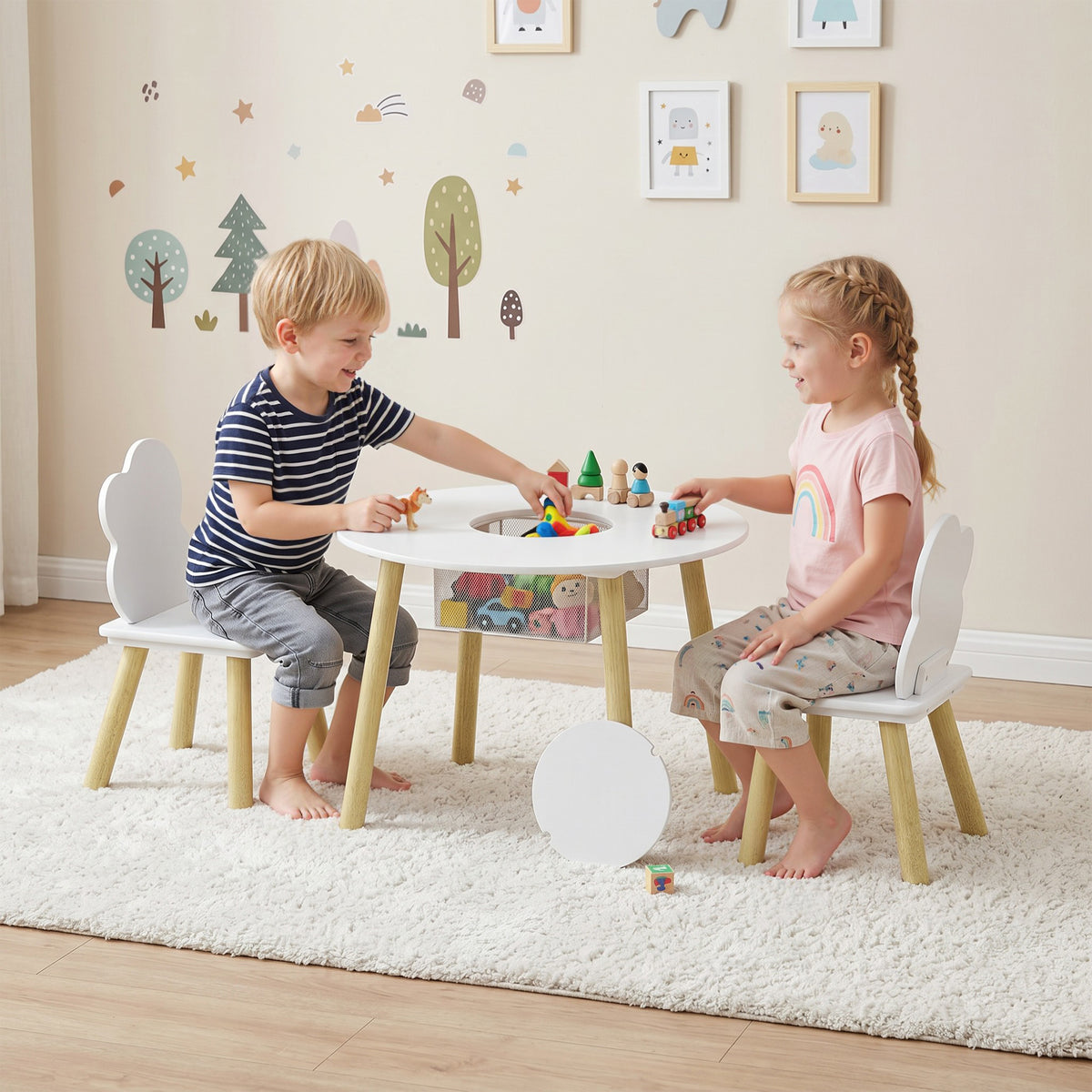 AIYAPLAY 3 Piece Kids Toddler Table And Chairs Set With Storage Bag White