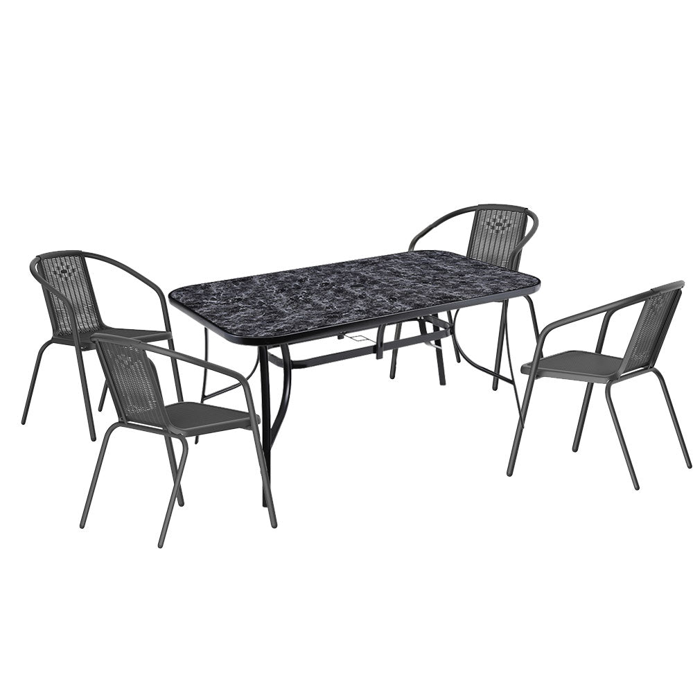 Garden Tempered Glass Rectangle Table With Set Of 4 Pe Rattan Chairs | Medium | Black