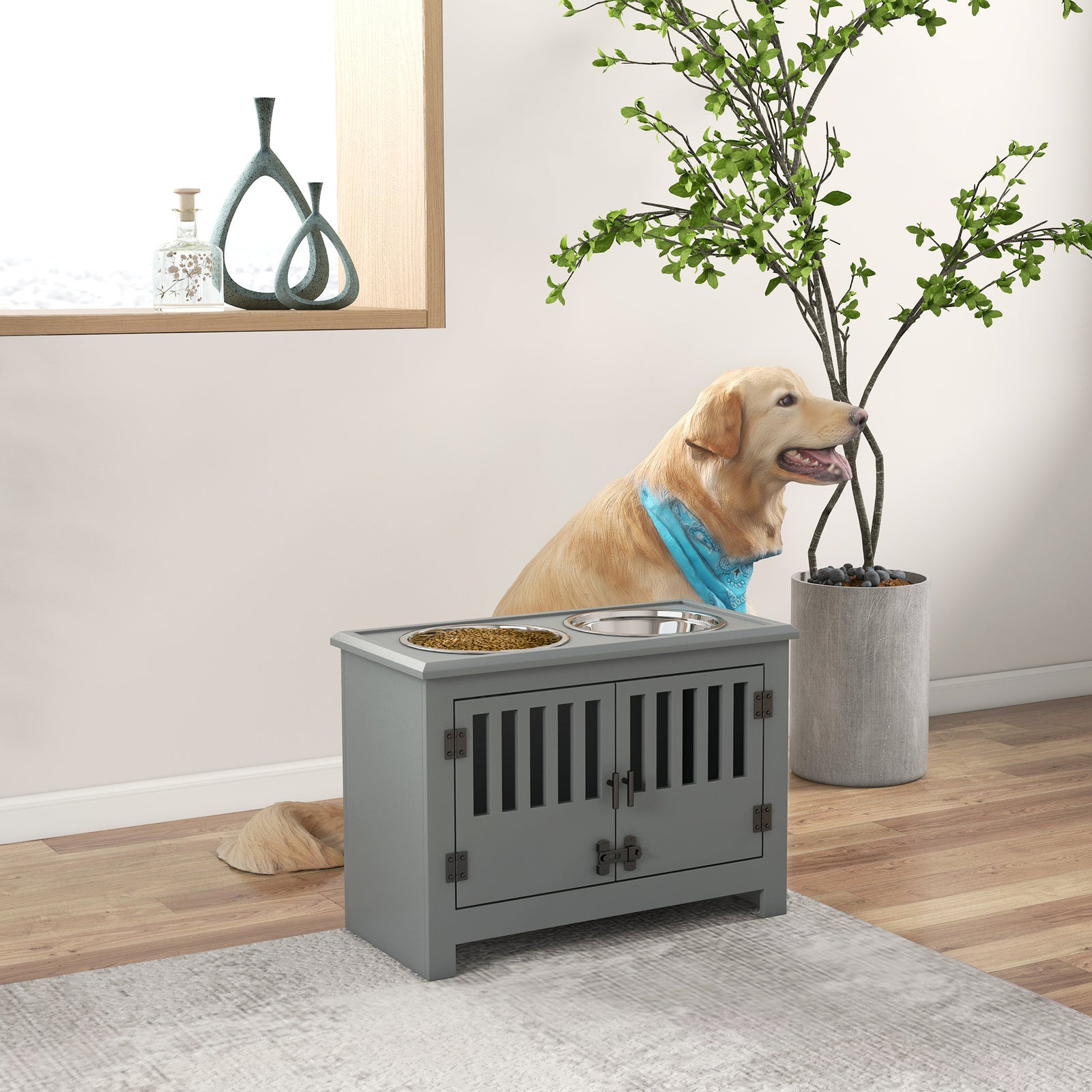 Raised Dog Bowls For Large Dogs Feeding Station W/ Stand, Storage | Gray