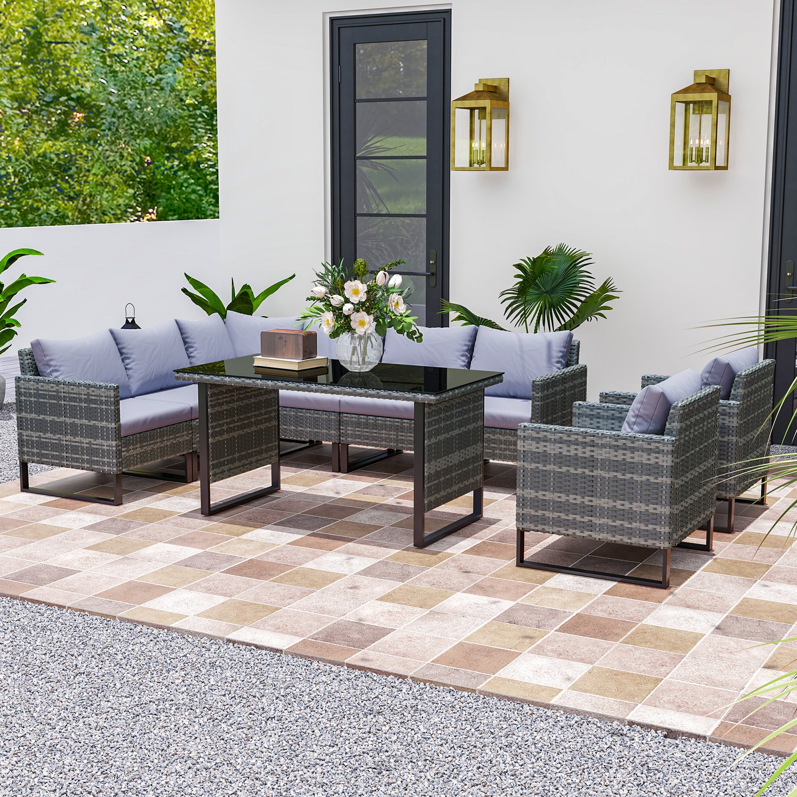 9 Piece Rattan Set, 8 Seater Corner Sofa