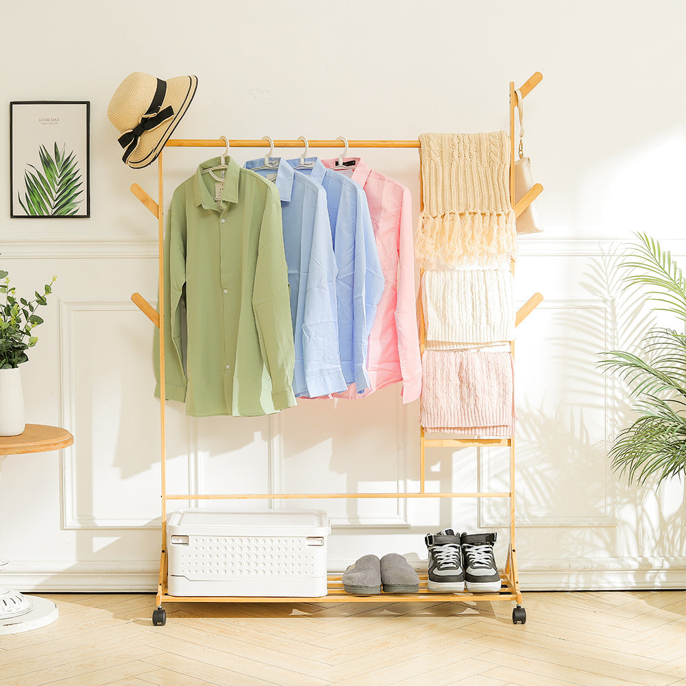 Bamboo Clothes Rack With Bottom Shelf Shoe Clothing Organizer