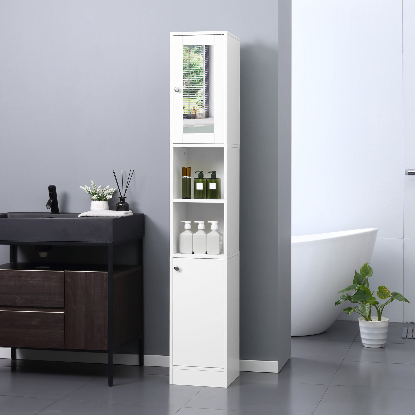 Bathroom Floor Storage Cabinet With Mirror Tallboy Unit