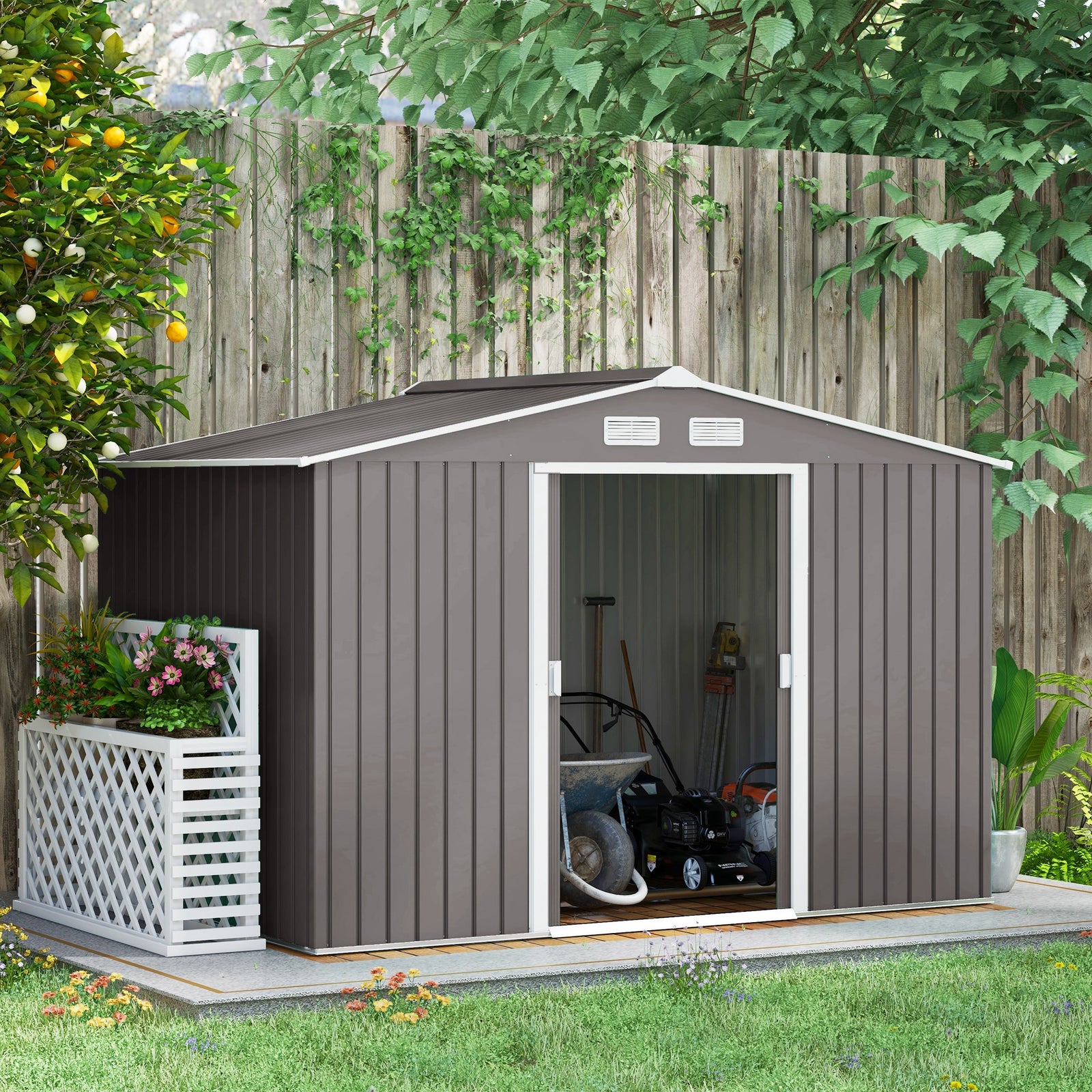 Garden Shed Storage Unit With Locking Door Floor Foundation | Medium | Gray