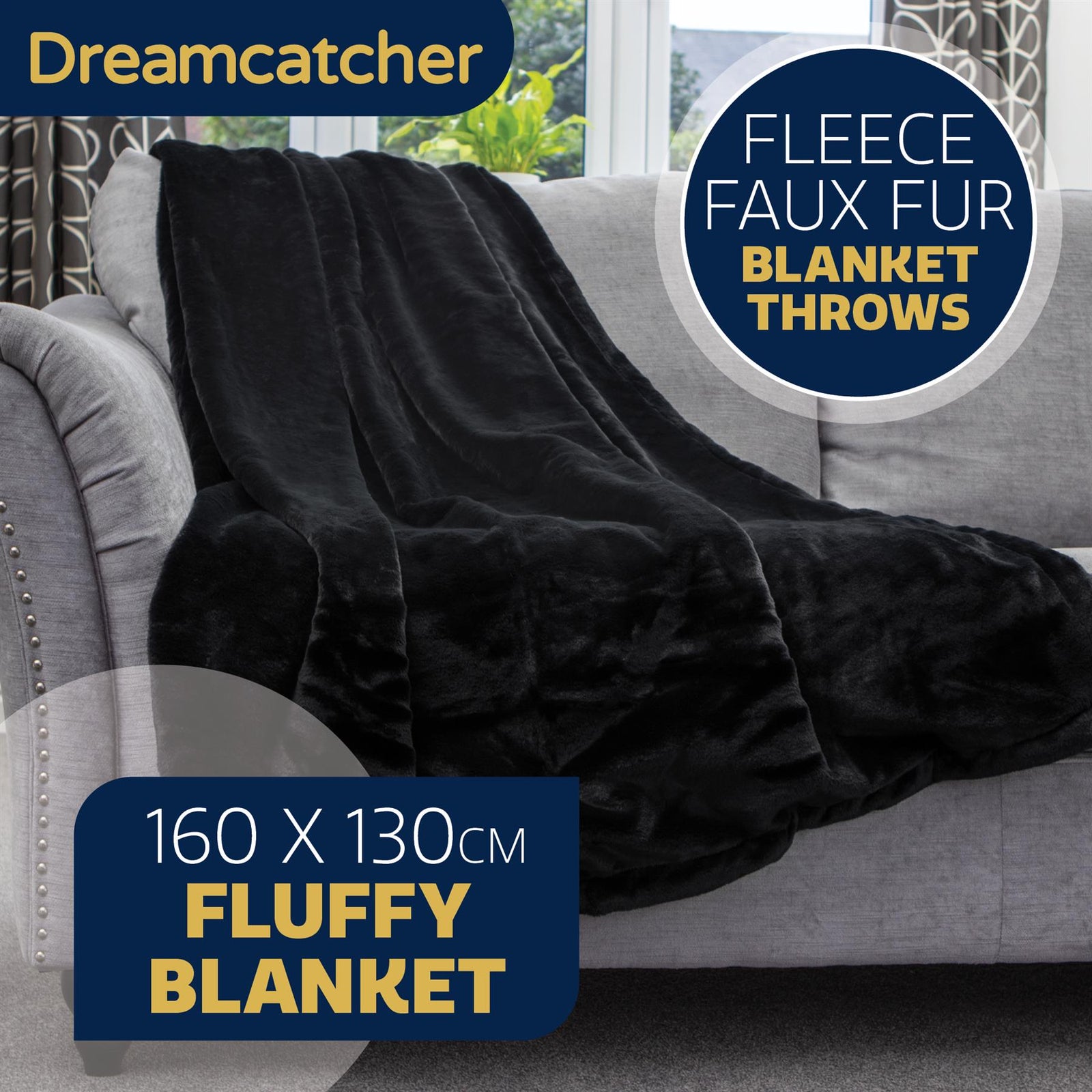 Blanket Throw Soft Faux Fur 160 X 130cm Fleece Overblanket Fluffy Blanket  For Sofa & Beds | L | Black