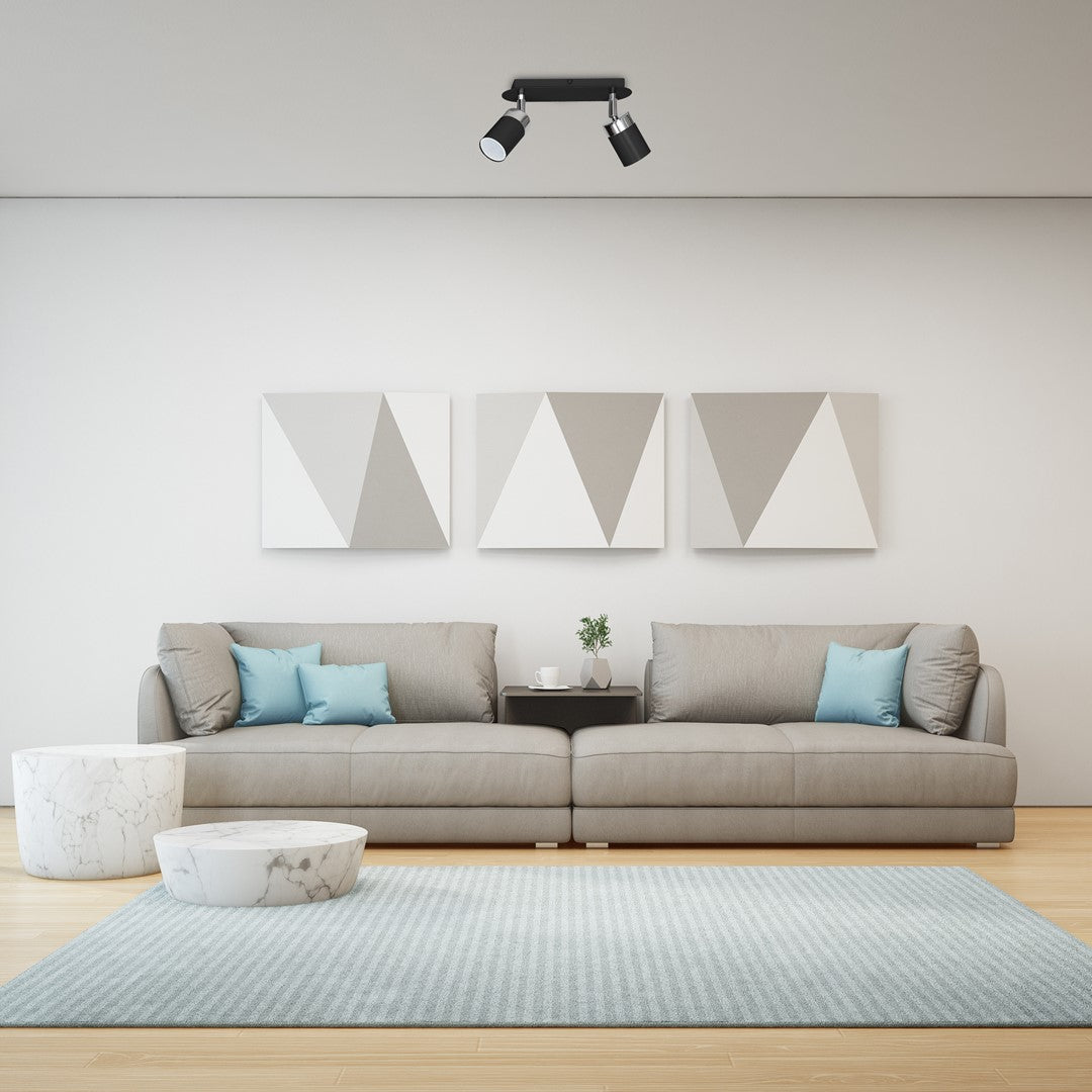 Joker Hand Made Ceiling Lamp In Matt Black With Striking Chrome Detail Featuring 2 Minmalistic Slender Cylinder Shades