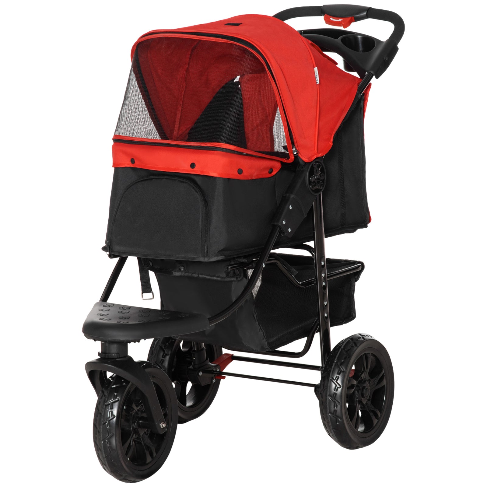 Folding 3 Wheel Pet Stroller Travel Adjustable Canopy Storage Brake | Red