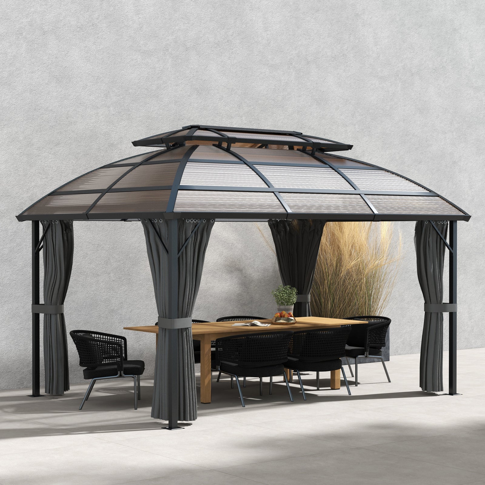 4 X 3(m) Polycarbonate Gazebo W/ Curtains, Nettings, 2 Roofs | Brown