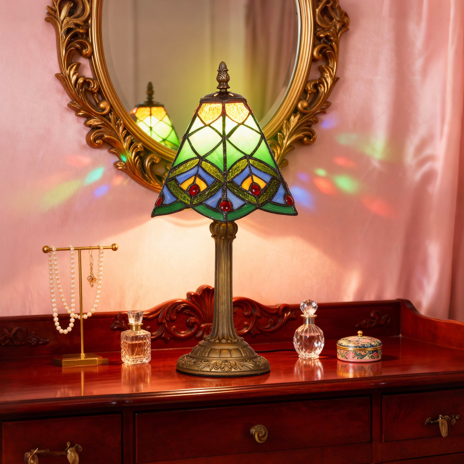 HOMCOM Handcrafted Stained Glass Bedside Lamp, Tiffany Style Table Lamp