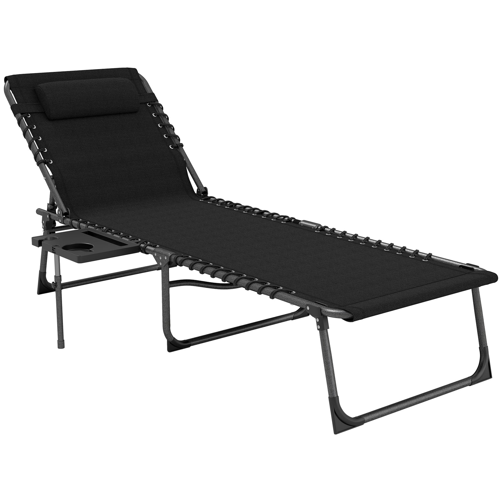 Folding Sun Lounger With 5-level Reclining Back, Side Table | Black