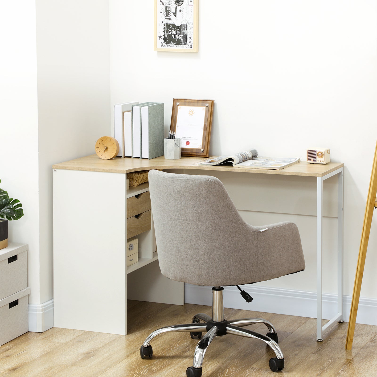 L-shaped Corner Computer Desk Study Table W/ Storage Shelf | Natura
