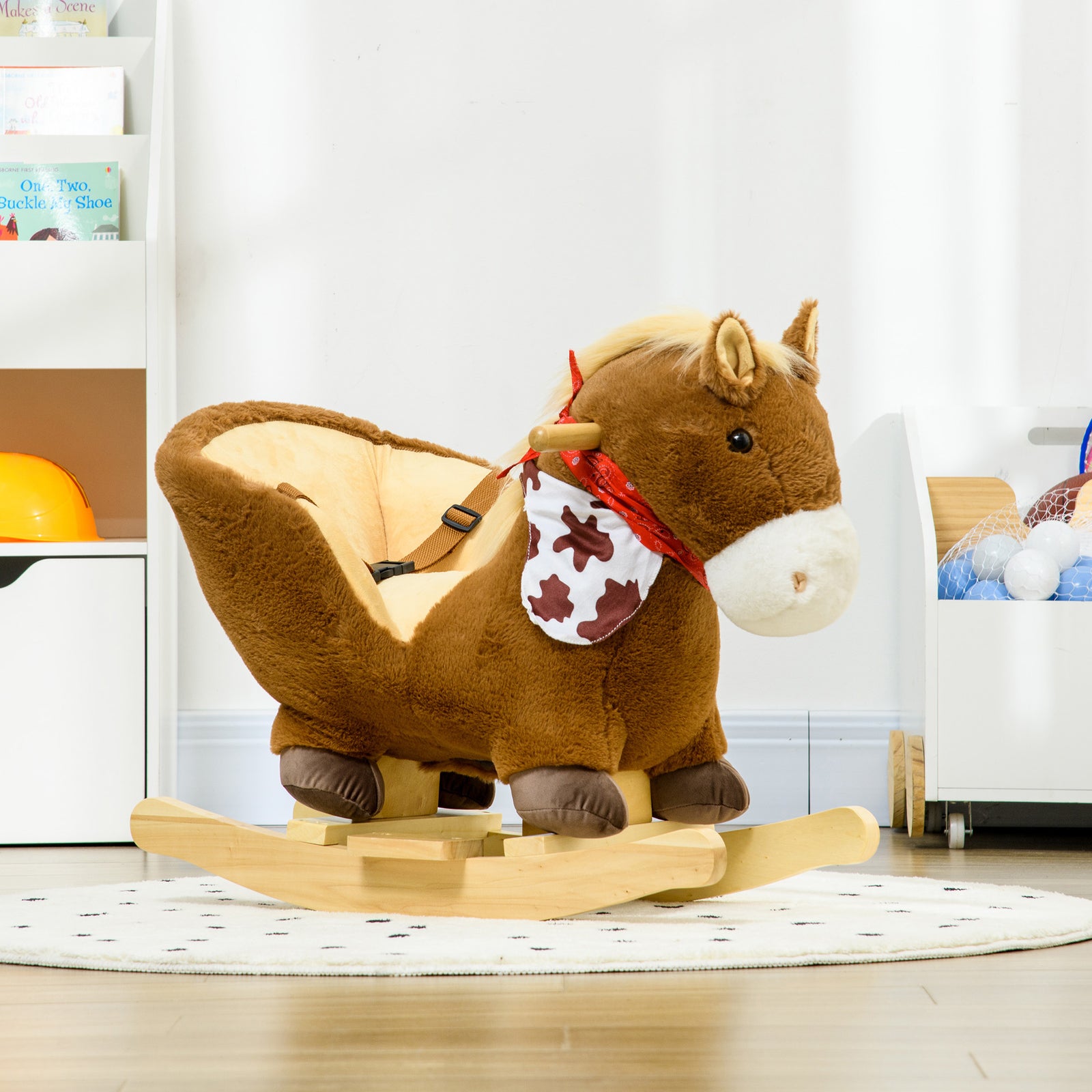 Kids Rocking Horse, Plush Baby Rocking Chair W/ Safety Harness, Sounds