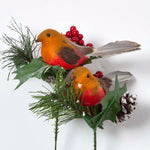 Set Of 2 Artificial Robin And Foliage Picks, 18 Cm