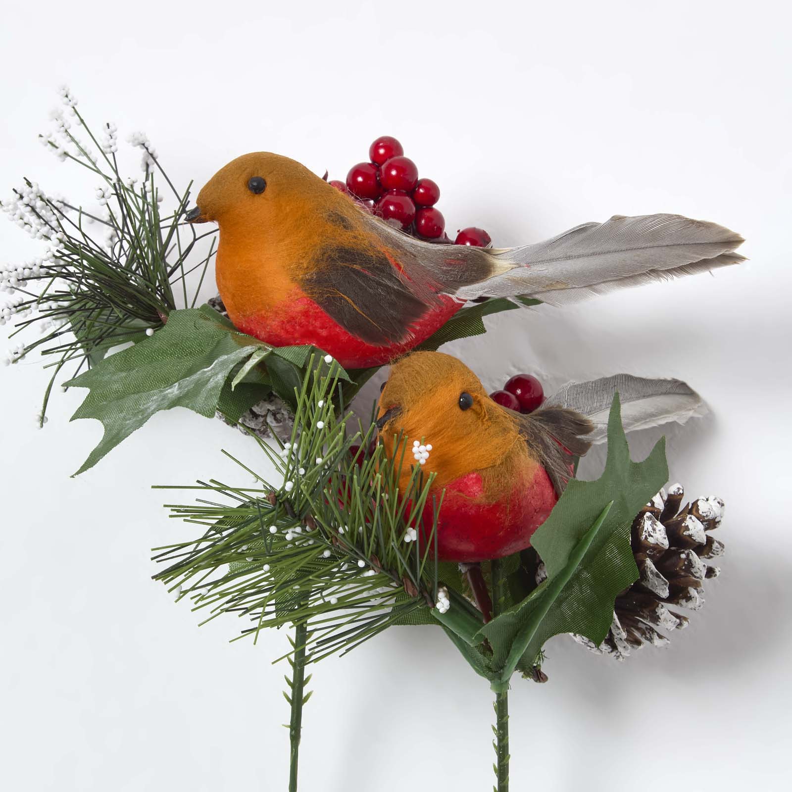 Set Of 2 Artificial Robin And Foliage Picks, 18 Cm