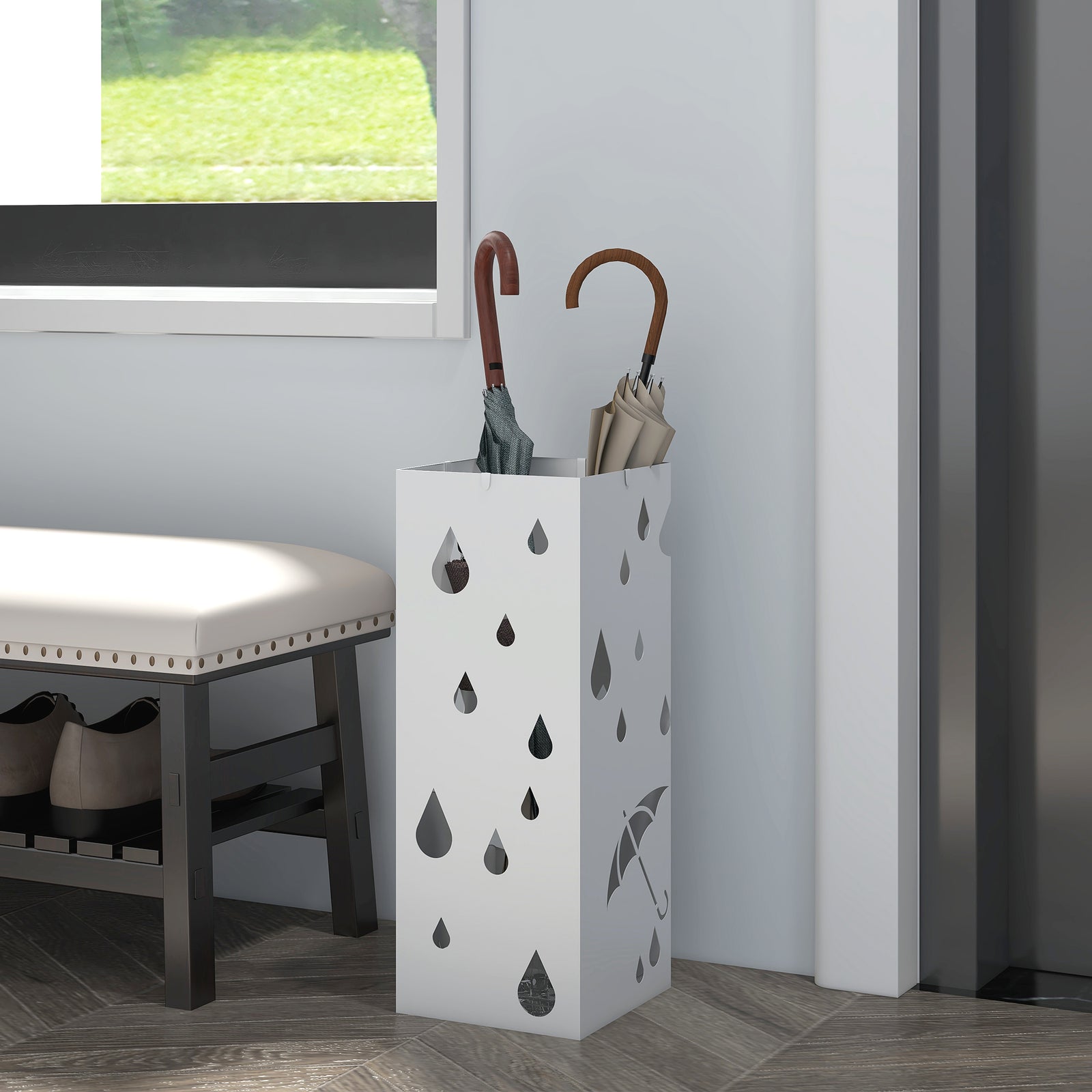 Metal Umbrella Stand, Square Umbrella Basket With 4 Hooks | One Size | White