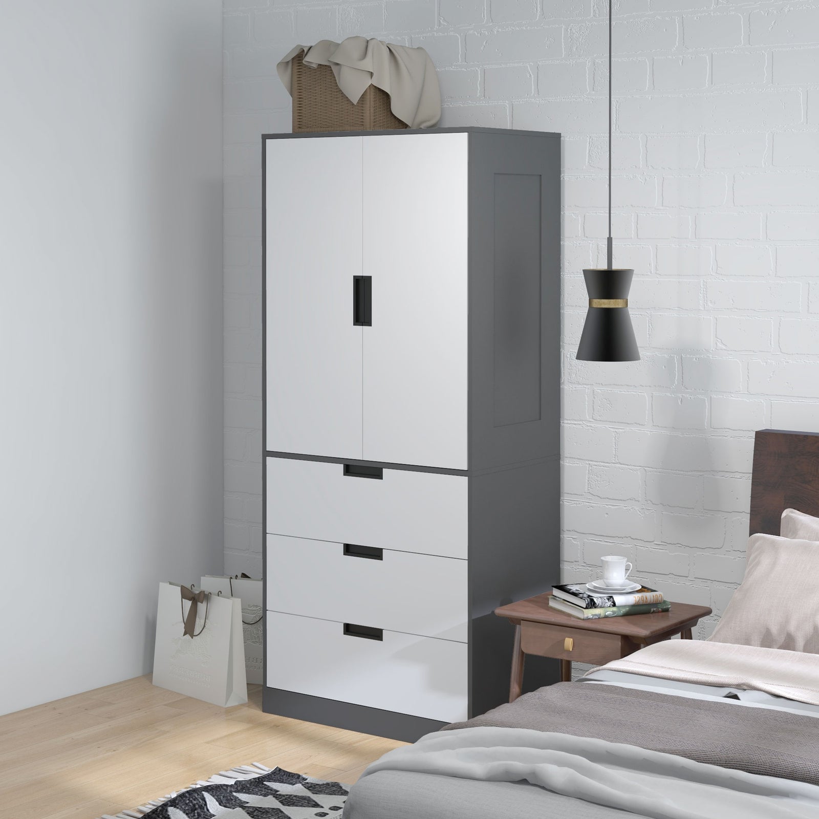 2 Door Wardrobe Wardrobe With 3 Drawer And Hanging Rod | One Size
