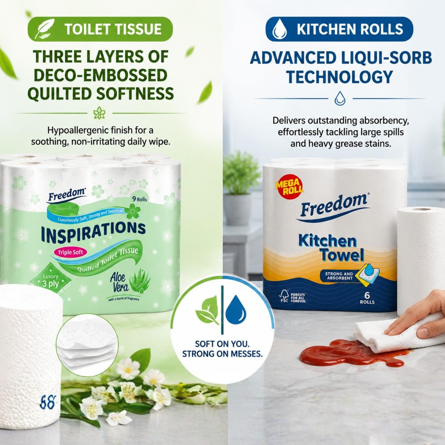 Freedom Aloe 3-ply Toilet Paper 45 Rolls + Rhino Jumbo Kitchen Towels 6 Rolls