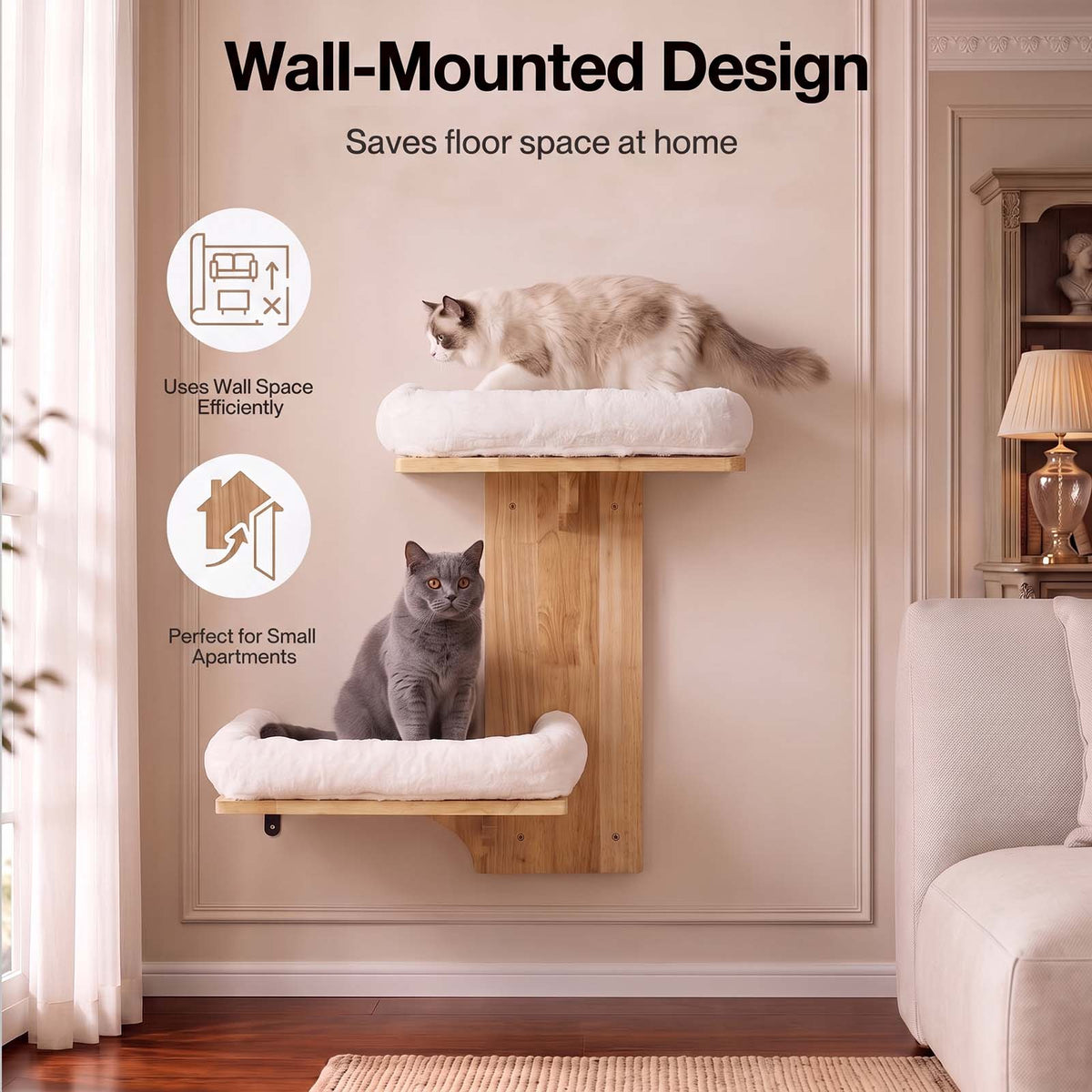 Cat Wall Shelves 2 Platform Steps Rubber Wood For Cat Climbing,white
