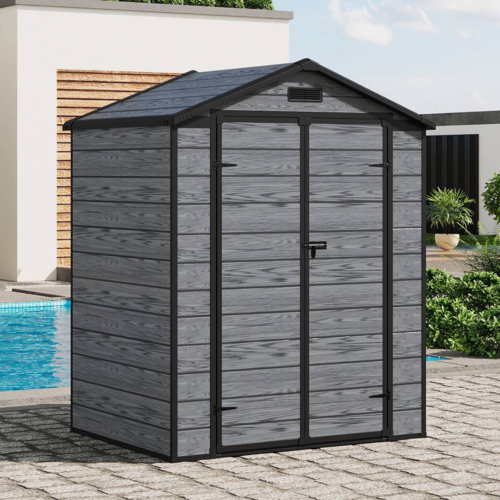 6x4.4 Ft Outdoor Plastic Storage Shed With Floor, Window, Vents & Double Lockable Doors,wood Grain Design