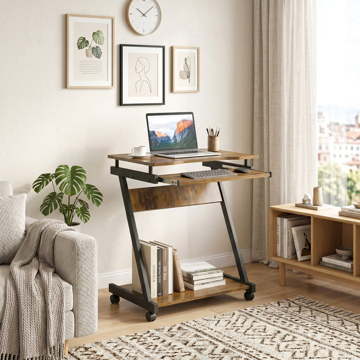 HOMCOM Movable Computer Desk With 4 Moving Wheels Rustic Brown