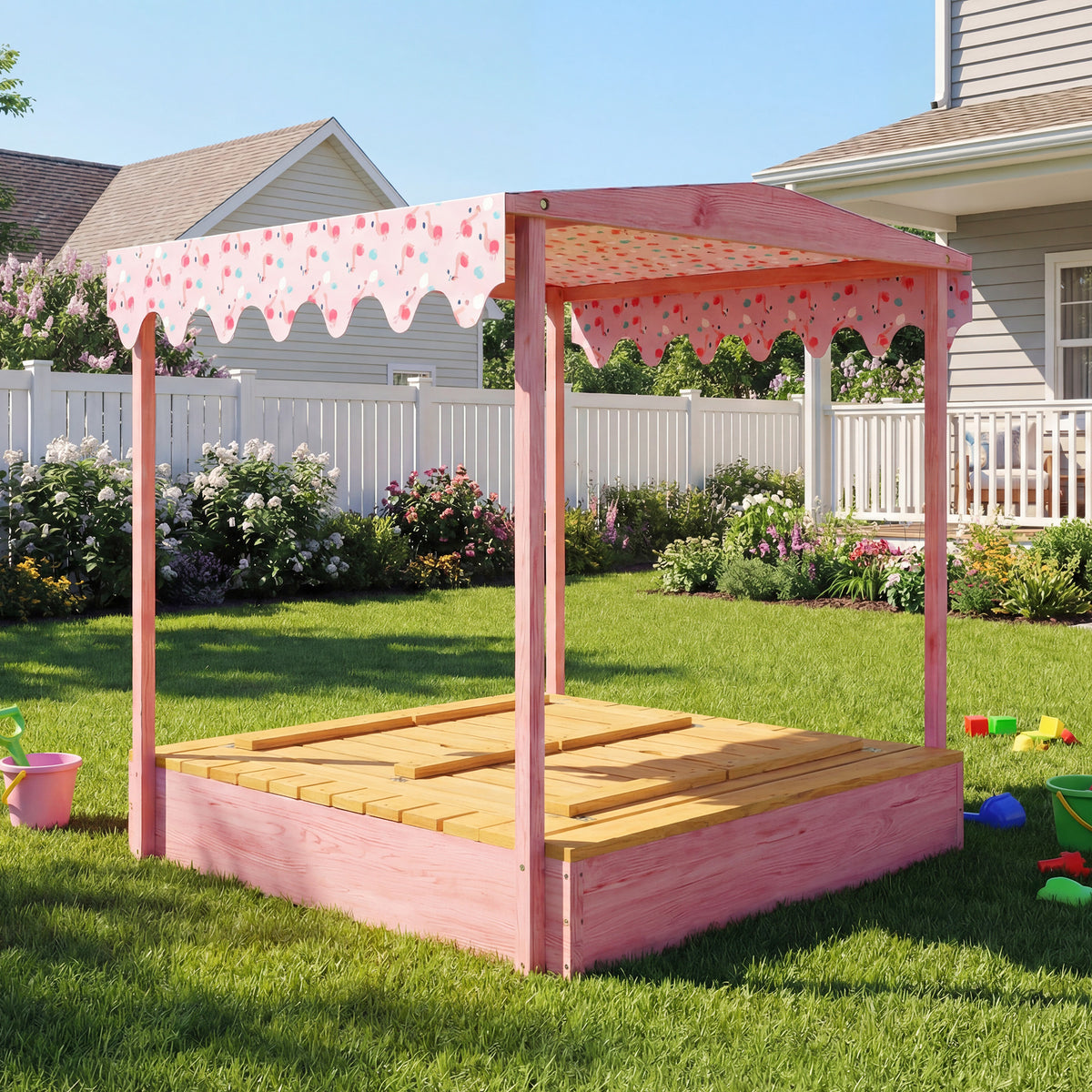 AIYAPLAY Wooden Sandbox With Lid, Canopy, Seat, Bottom Liner, Pink