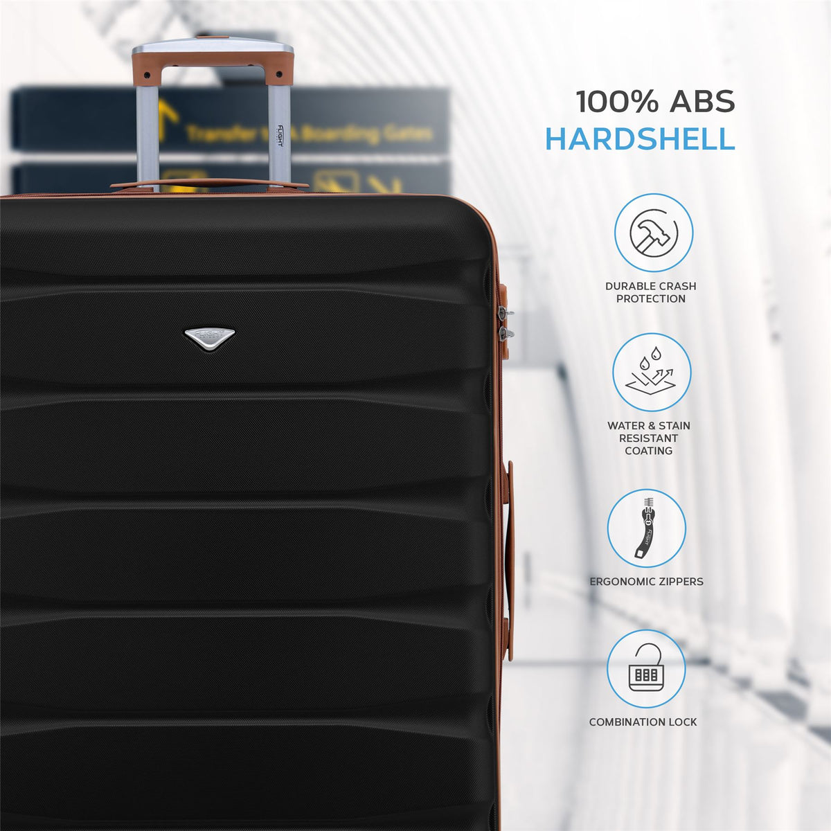 Set Of 3 Hard Shell Suitcase Cabin & Check In Cases With Tsa Lock - Overhead Cabin With Medium & Large Check-in Bag | Set of 3 | Black & Brown