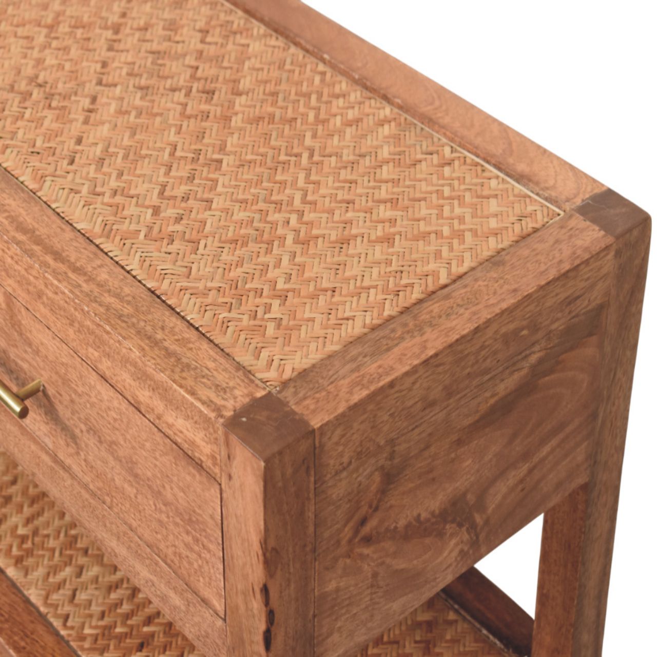 Saffron Rattan Console – Solid Mango Wood With Woven Rattan & Brass Accents