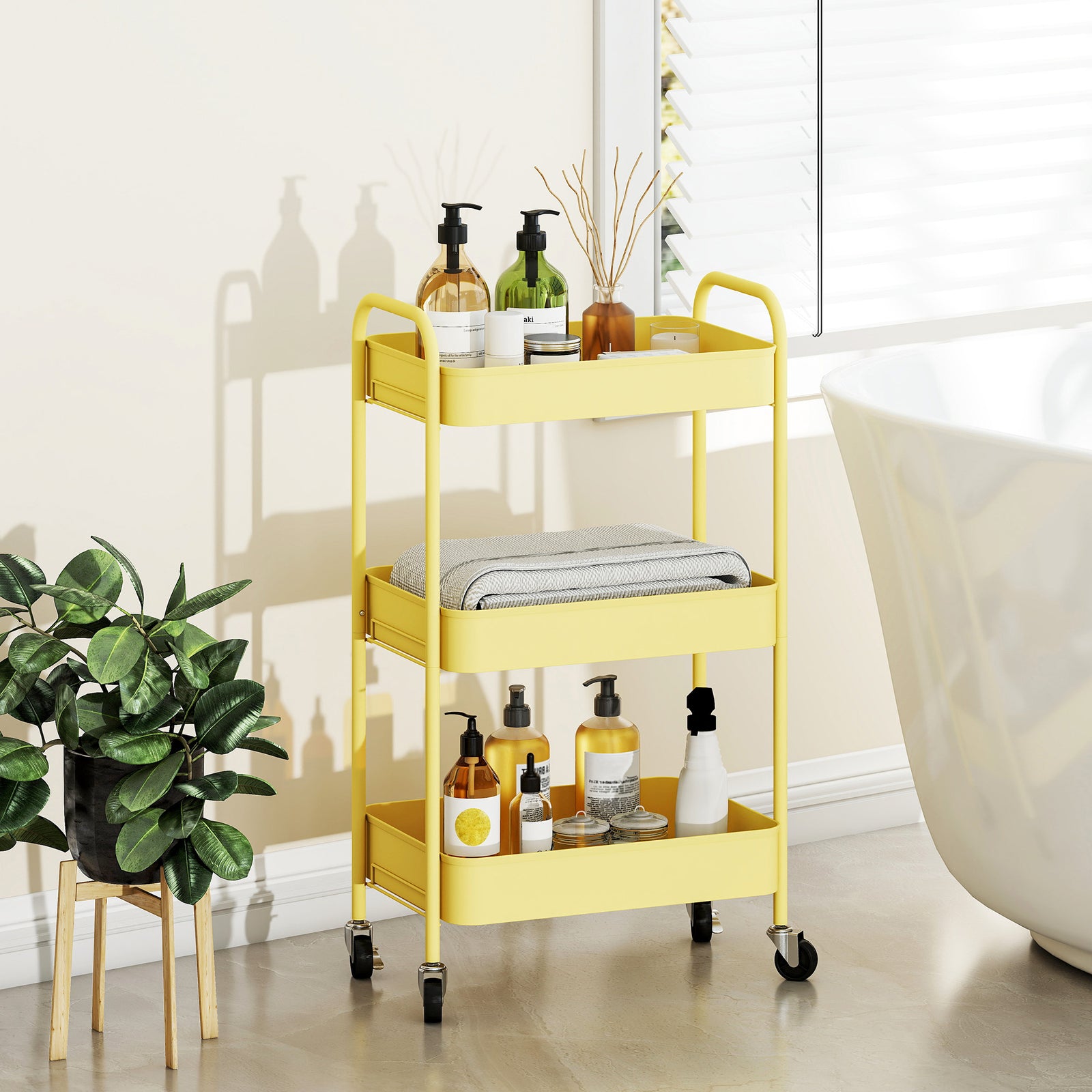 3 Tier Rolling Utility Cart With 3 Mesh Basket | One Size | Yellow