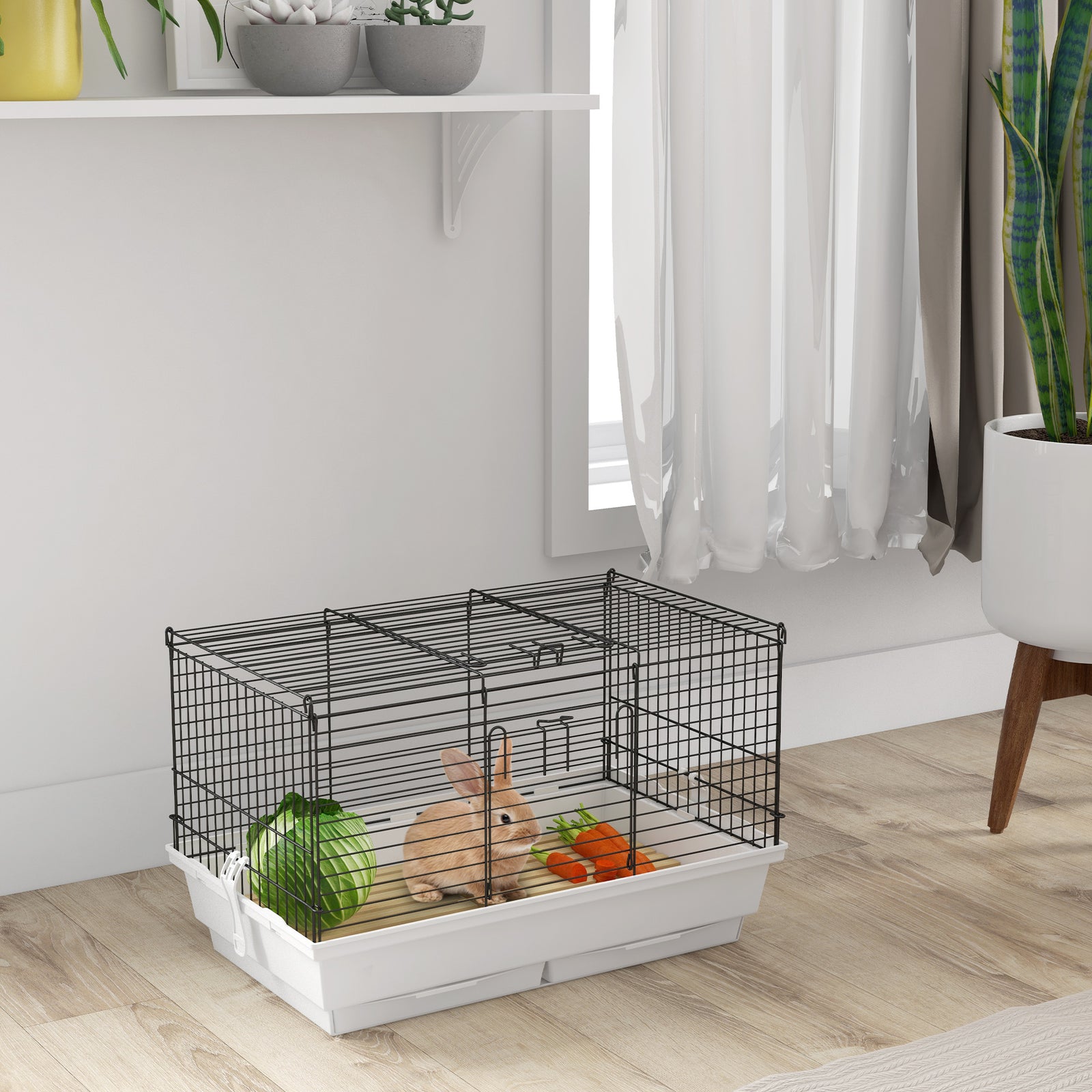 PawHut Small Pet Cage, Indoor Rabbit Guinea Pig House W/ Wood Floor, Trays