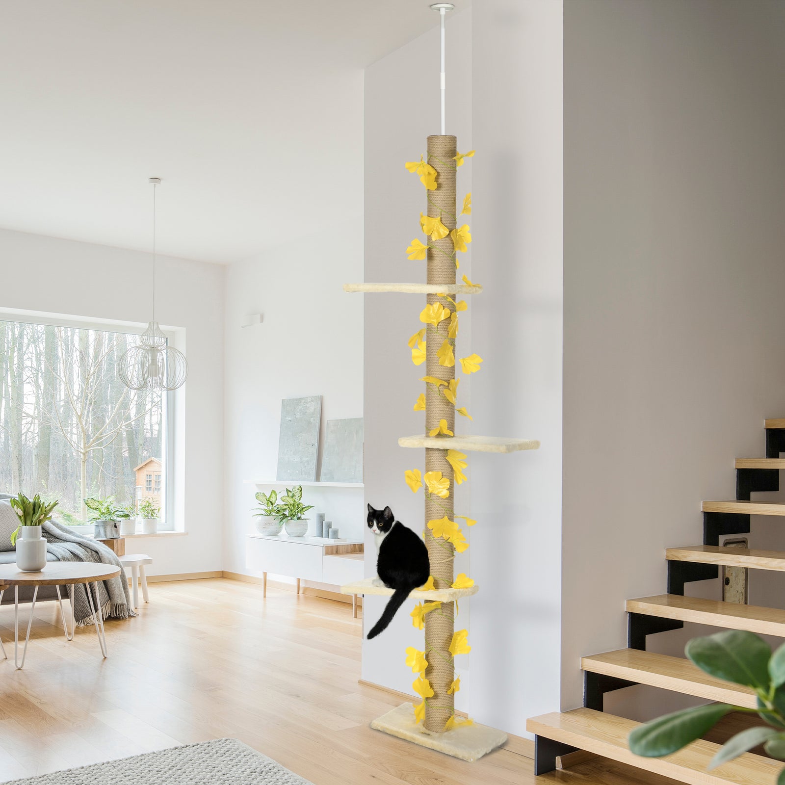 242cm Adjustable Floor-to-ceiling Cat Tower W/ Anti-slip Kit | Yellow