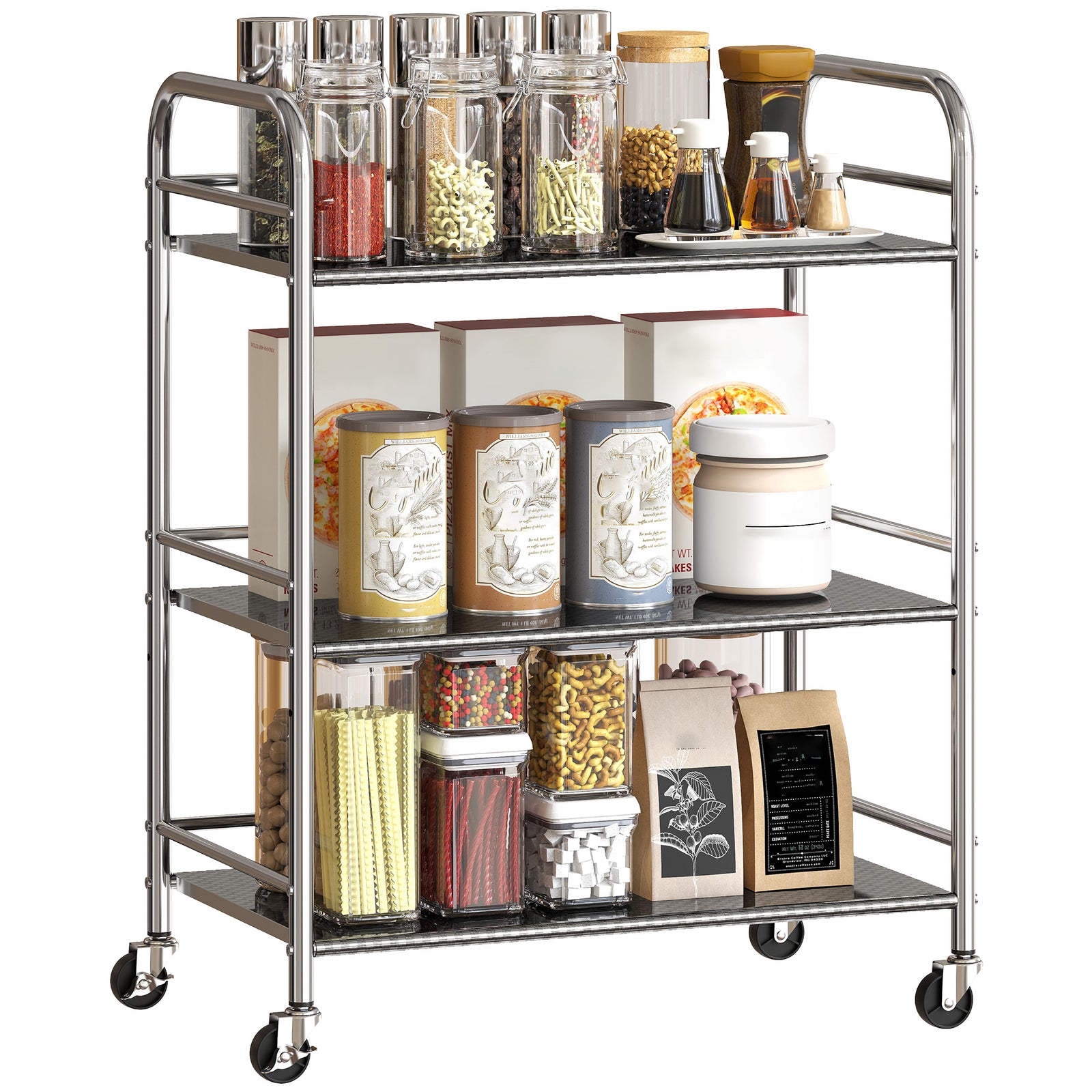 3 Tier Kitchen Trolley On Wheels Serving Cart With Handles Silver