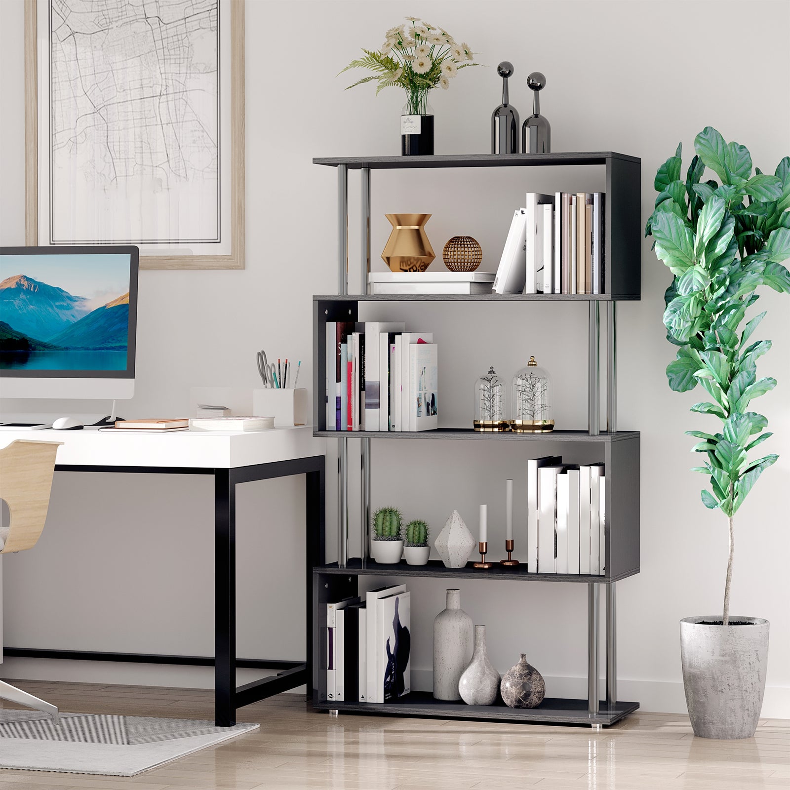 Wooden Storage Display Unit Bookcase Dividers S Shaped | One Size | Black
