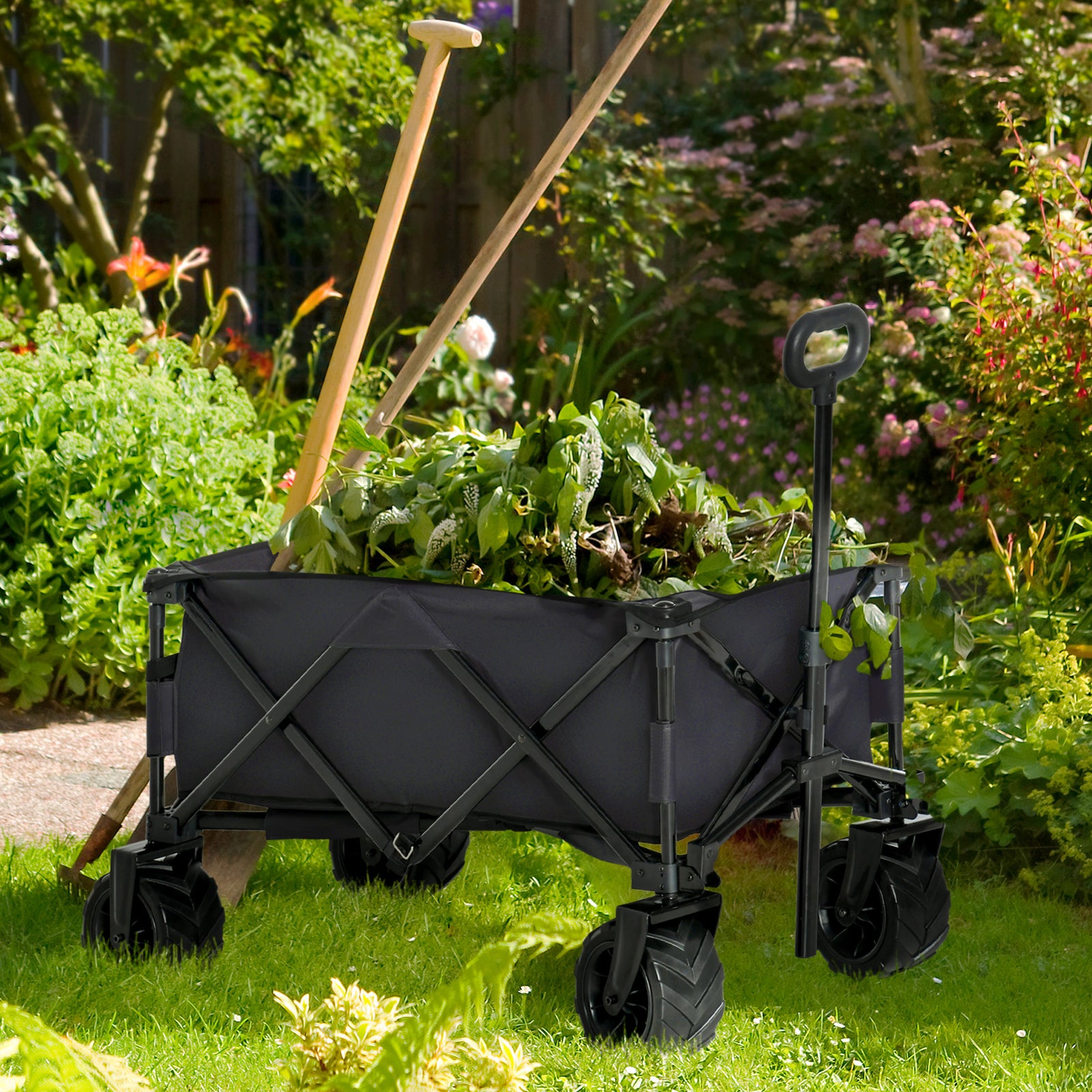 Outdoor Pull Along Folding Garden Trolley For Beach Camping | Black