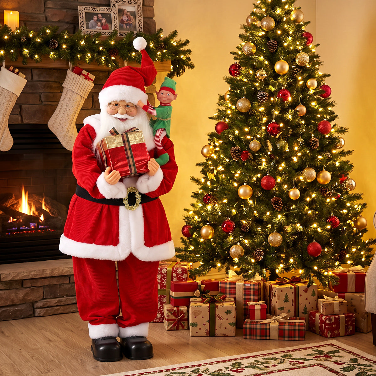 HOMCOM 4ft Christmas Singing Dancing Santa Claus With Elf, Gift Box