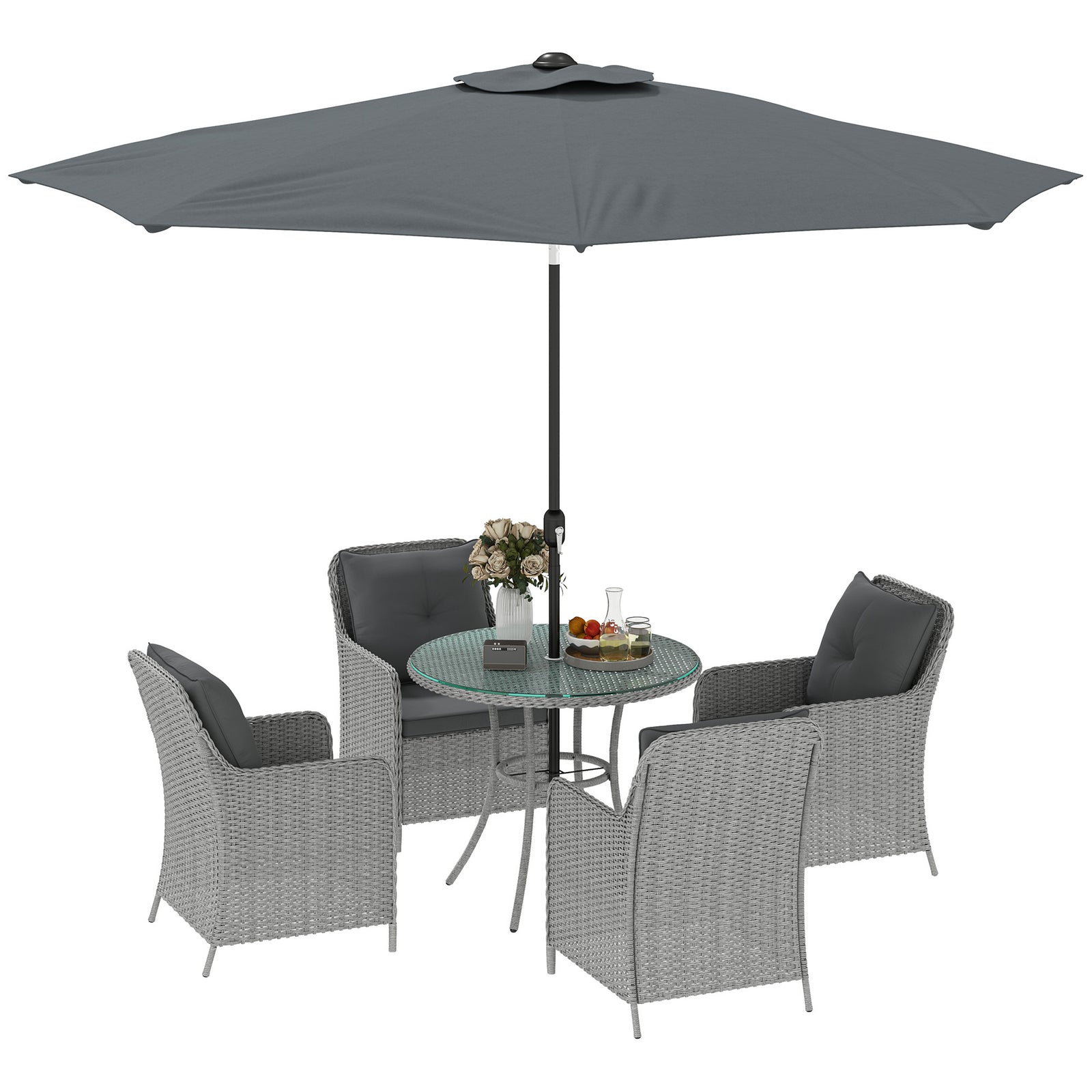 Luxury Rattan Garden Dining Set W/ Parasol, Cushions