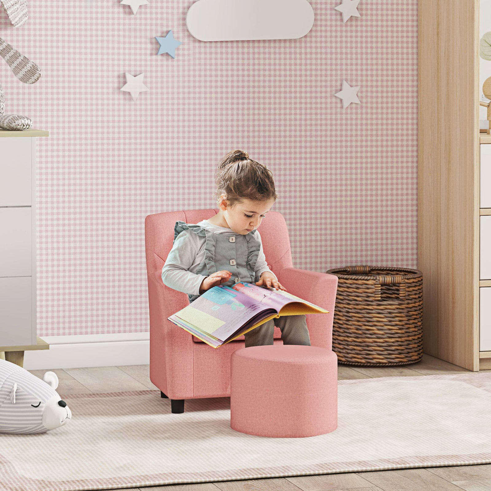 Kids Sofa Set With Footrest For Playroom Bedroom | Pink