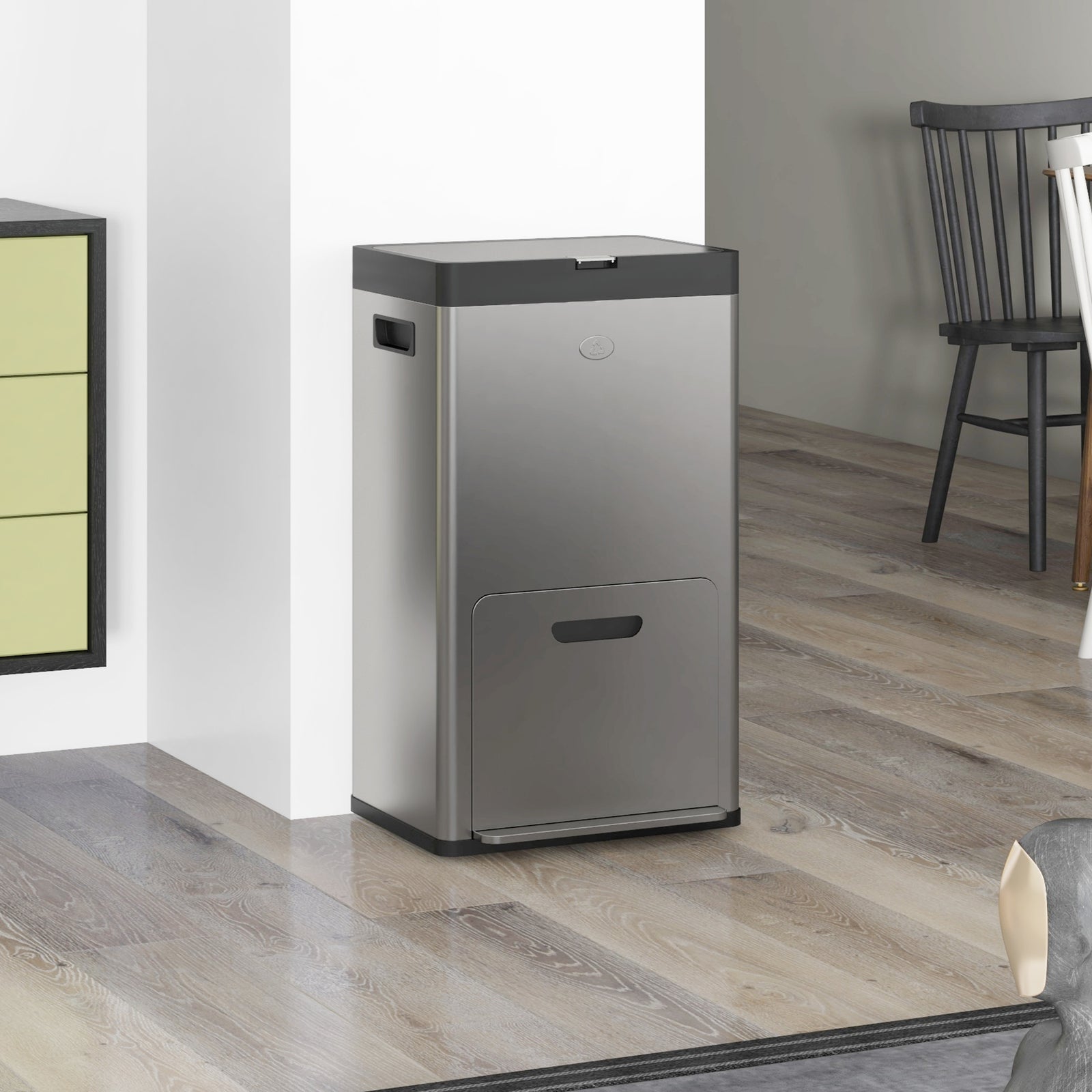 3 Compartment Kitchen Bin, 56l With Wheels