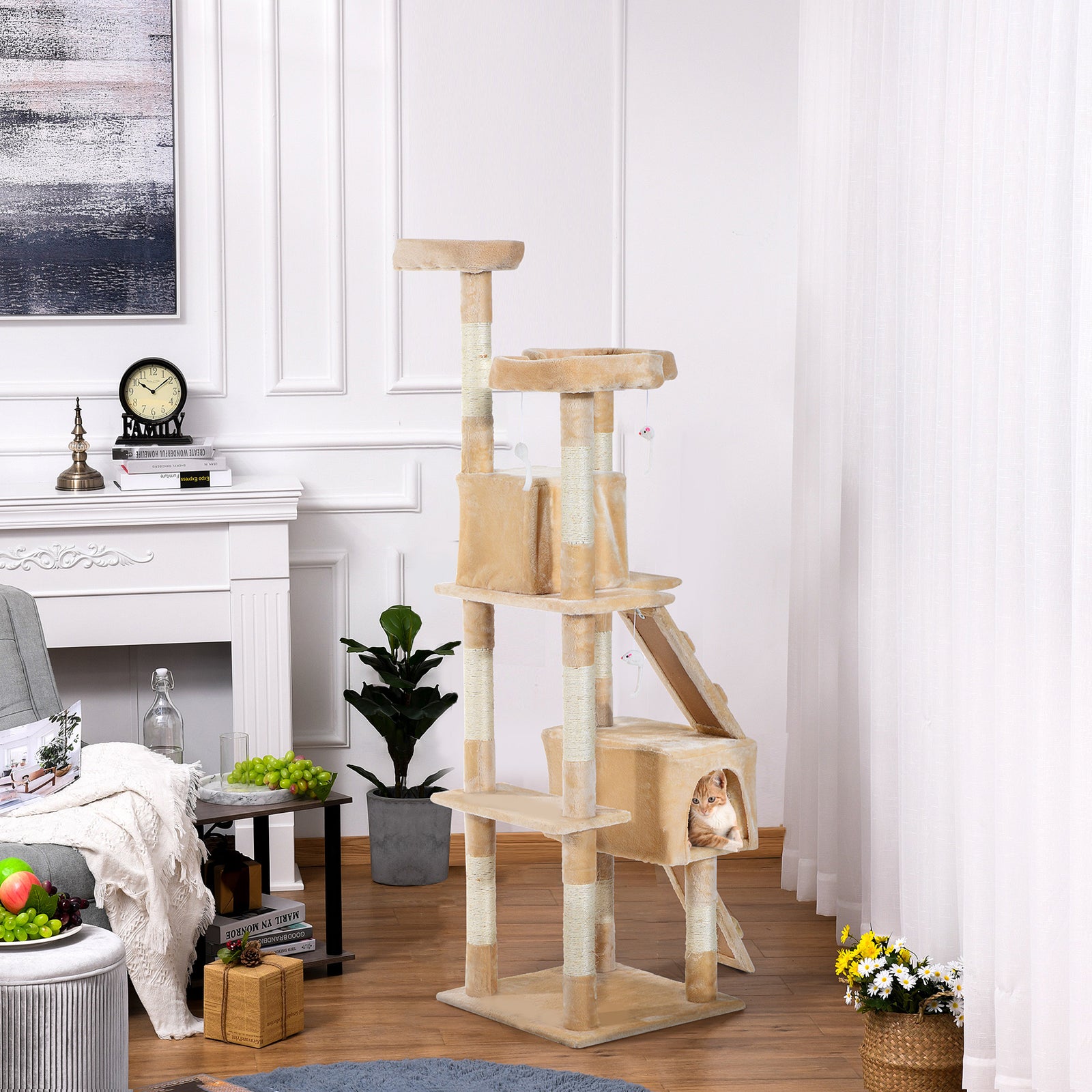 Cat Tree Scratcher Activity Centre, Condo Scratching Post Toy Bed | Cream