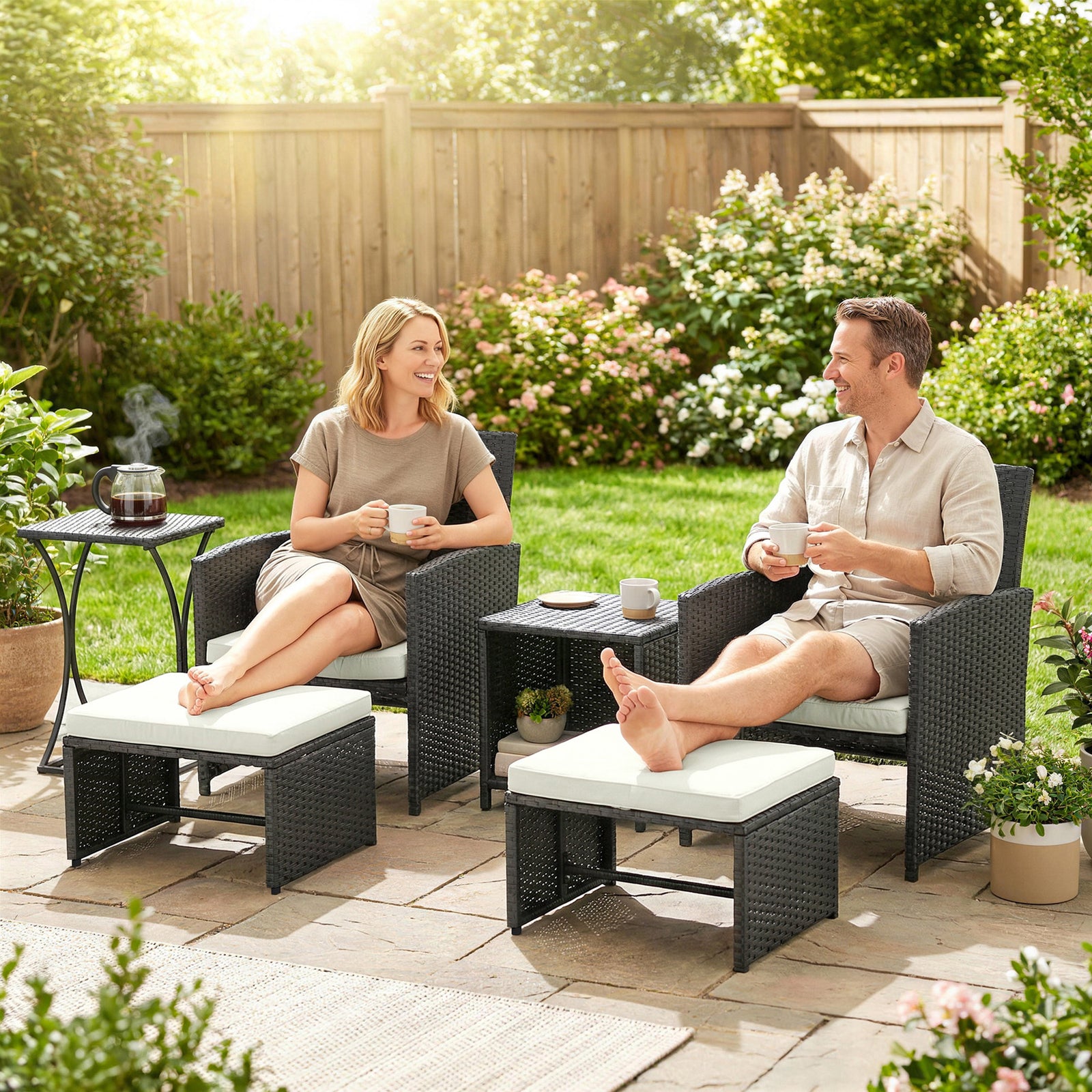 6 Piece Rattan Garden Furniture Set With Nesting Tables | Black
