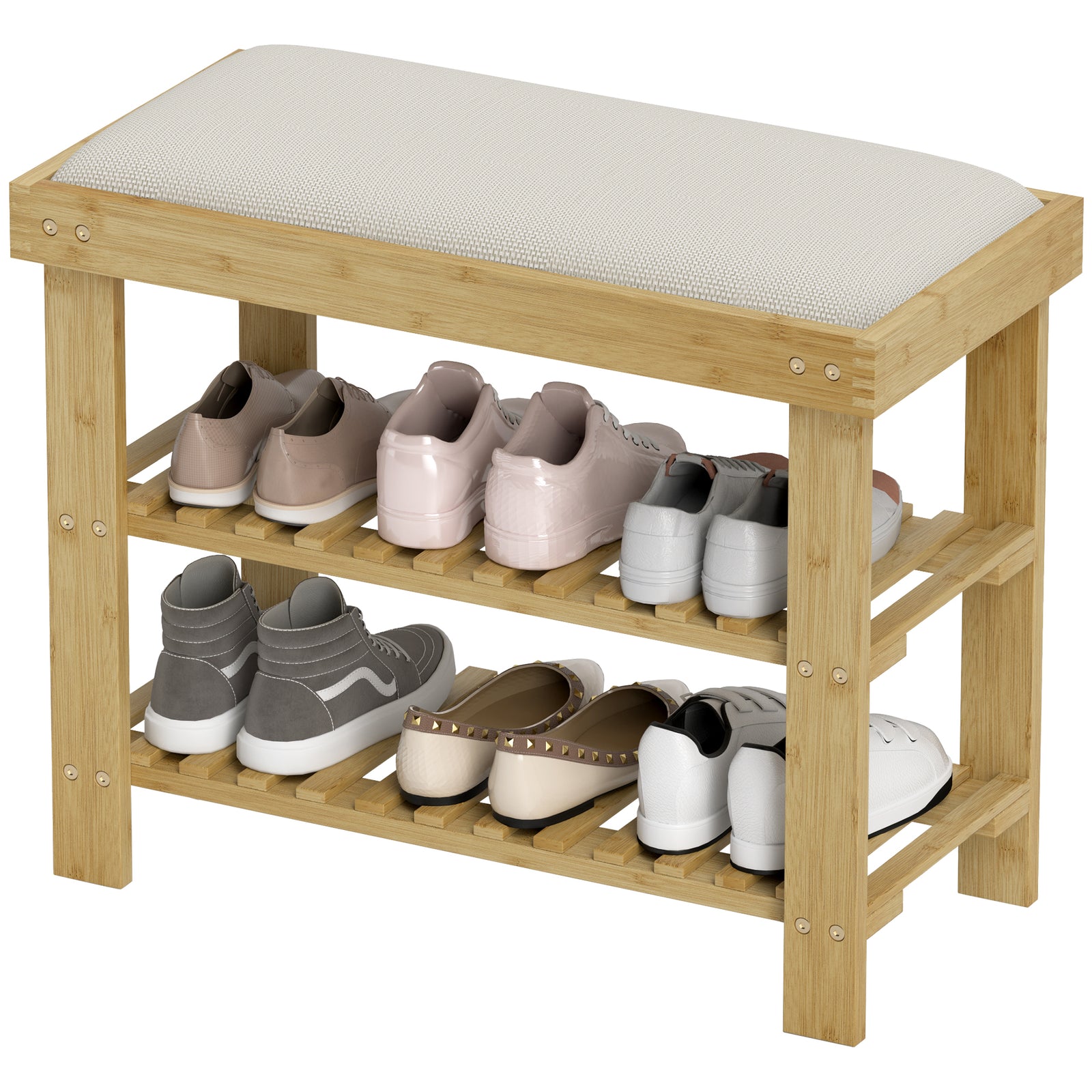 3-tier Shoe Storage Bench, Bamboo Shoe Rack For Entryway, Cream
