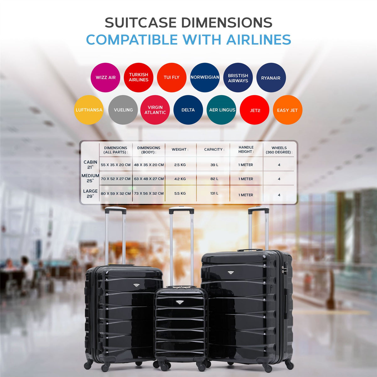 Set Of 3 Hard Shell Suitcase Cabin & Check In Cases With Tsa Lock - Overhead Cabin With Medium & Large Check-in Bag | Set of 3 | Black Gloss