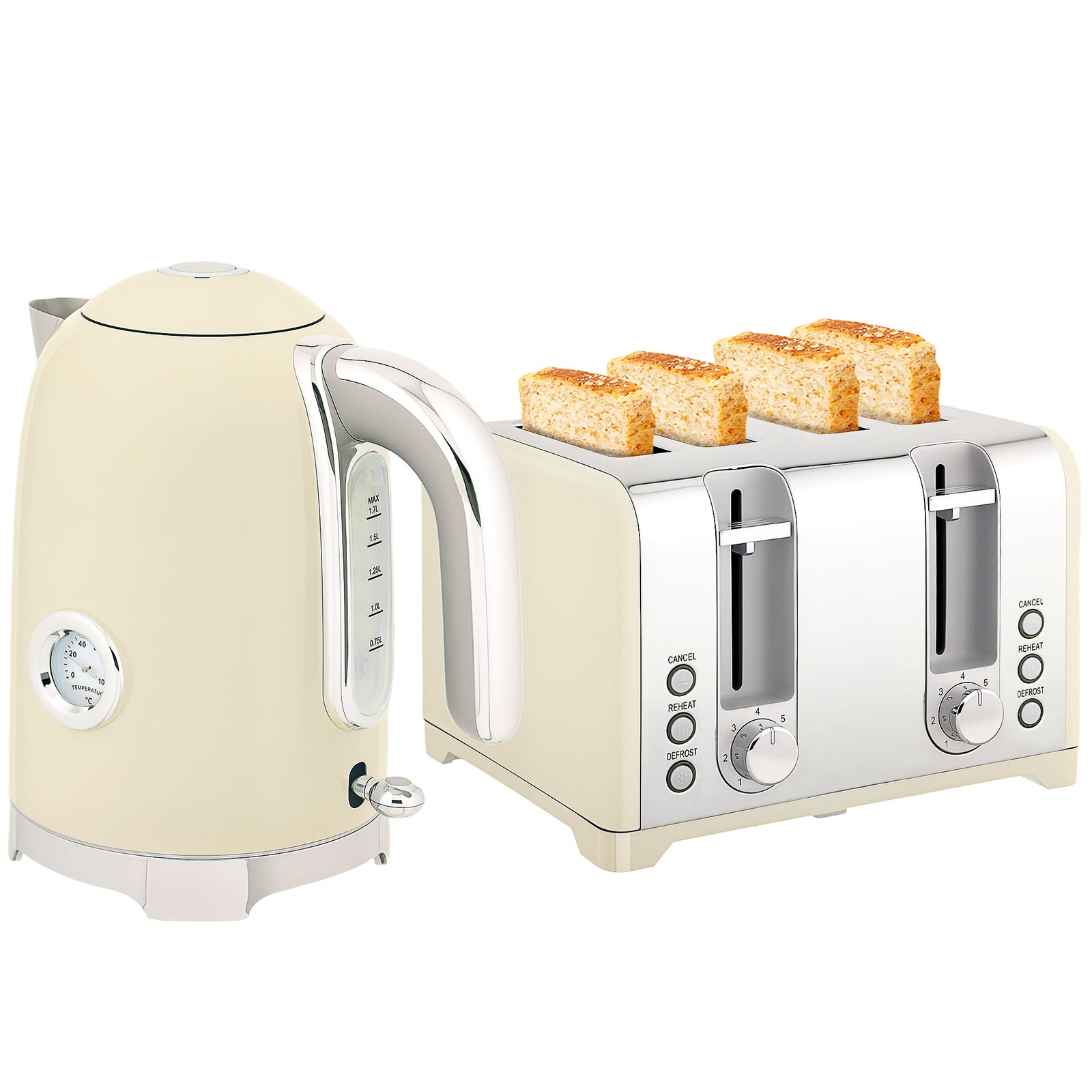 3000w 1.7l Kettle With Retro Thermometer, 4 Slice Toaster Set | Cream