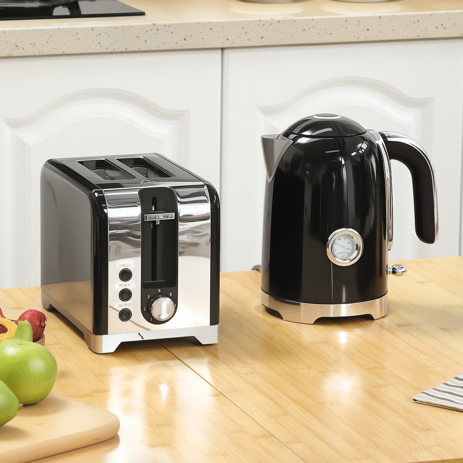 Kettle And Toaster Set With Temperature Gauge, Crumb Tray | Black