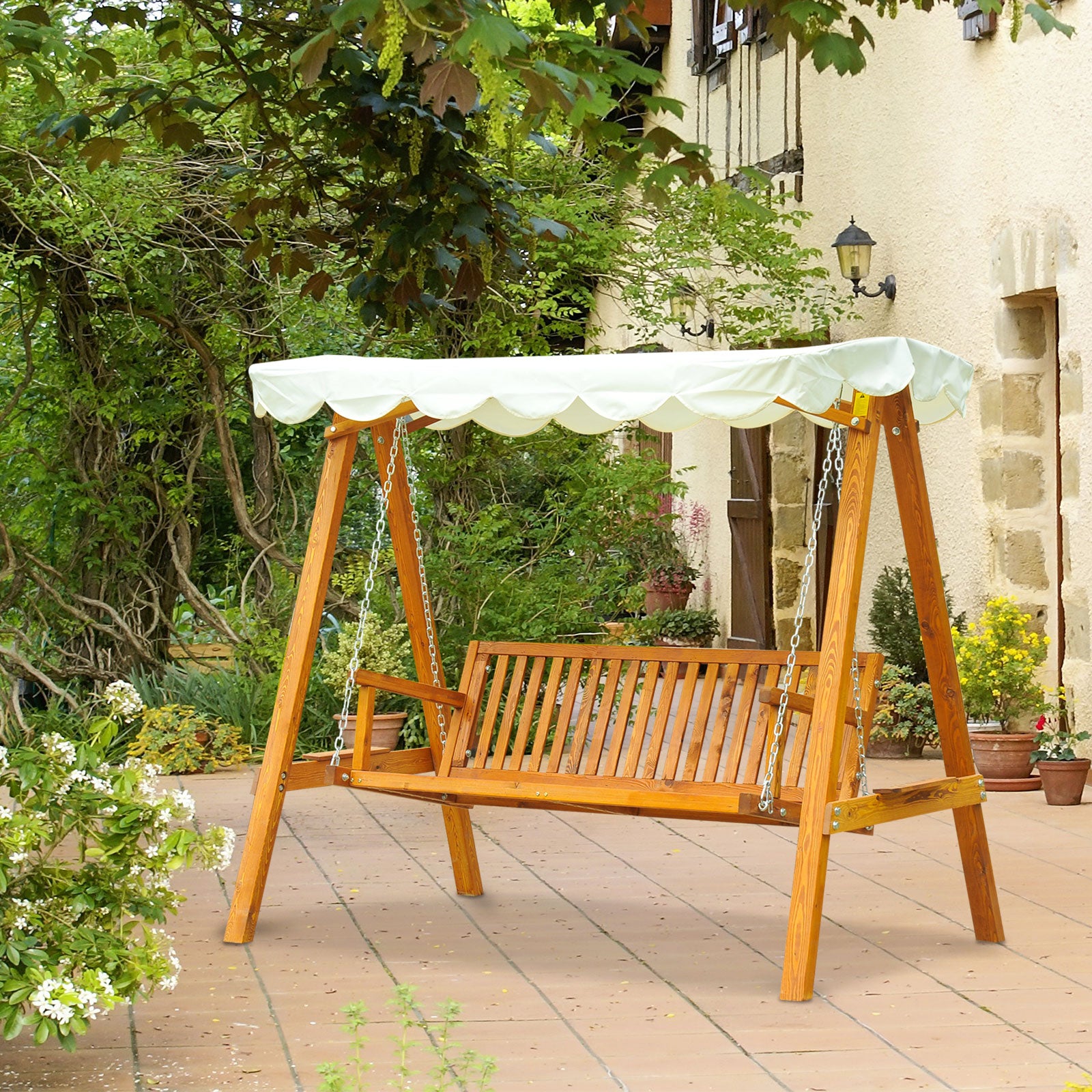 Swing Chair Swinging Wooden Hammock Garden Outdoor Canopy | Cream