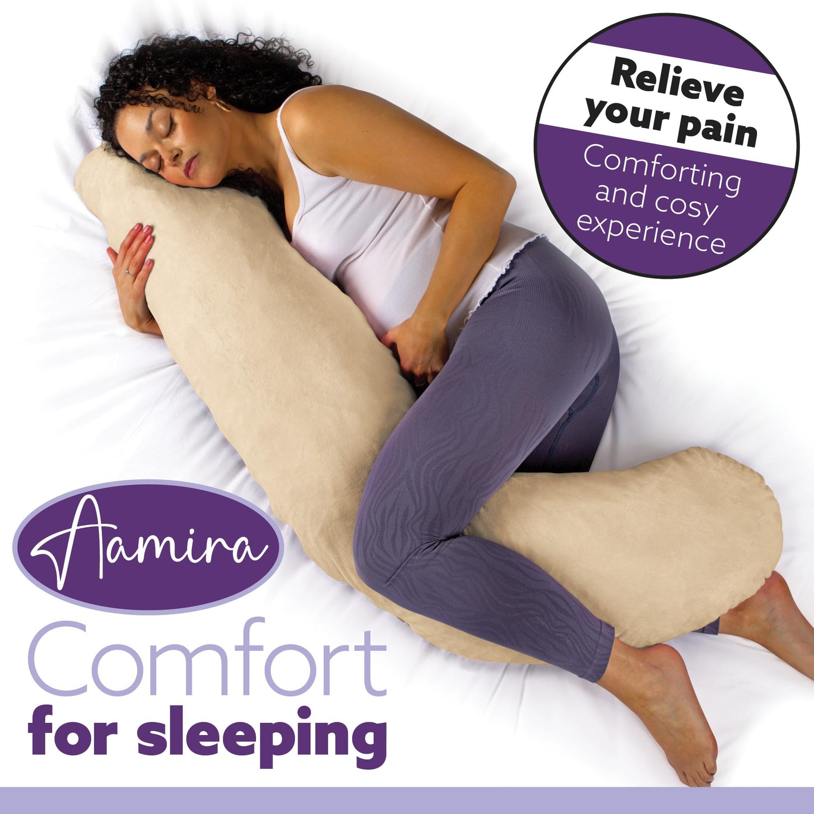 L Shaped Pregnancy Pillow, 145x25x20cm Shredded Memory Foam Full Body Maternity Cushion For Sleeping | J Shape | Cream
