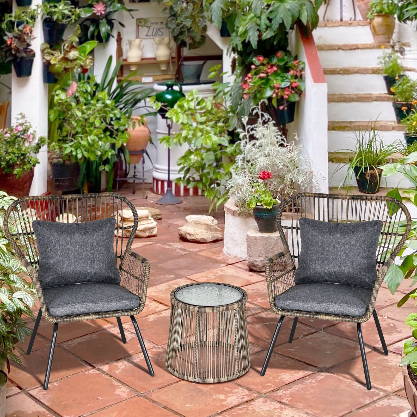 3 Pcs Webbed Pe Rattan Outdoor Patio Set W/ Cushions | Gray